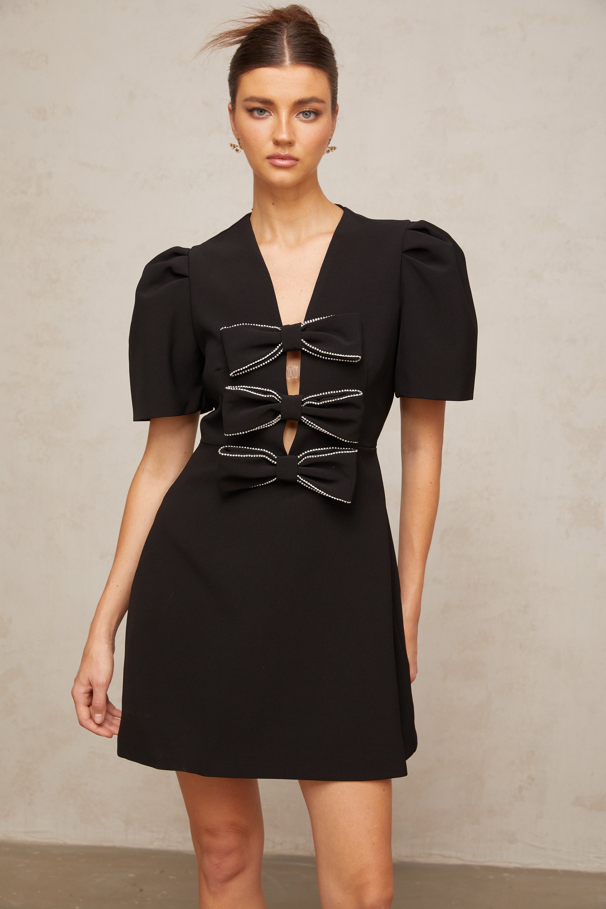 Tania black bowknot embellished mini dress
