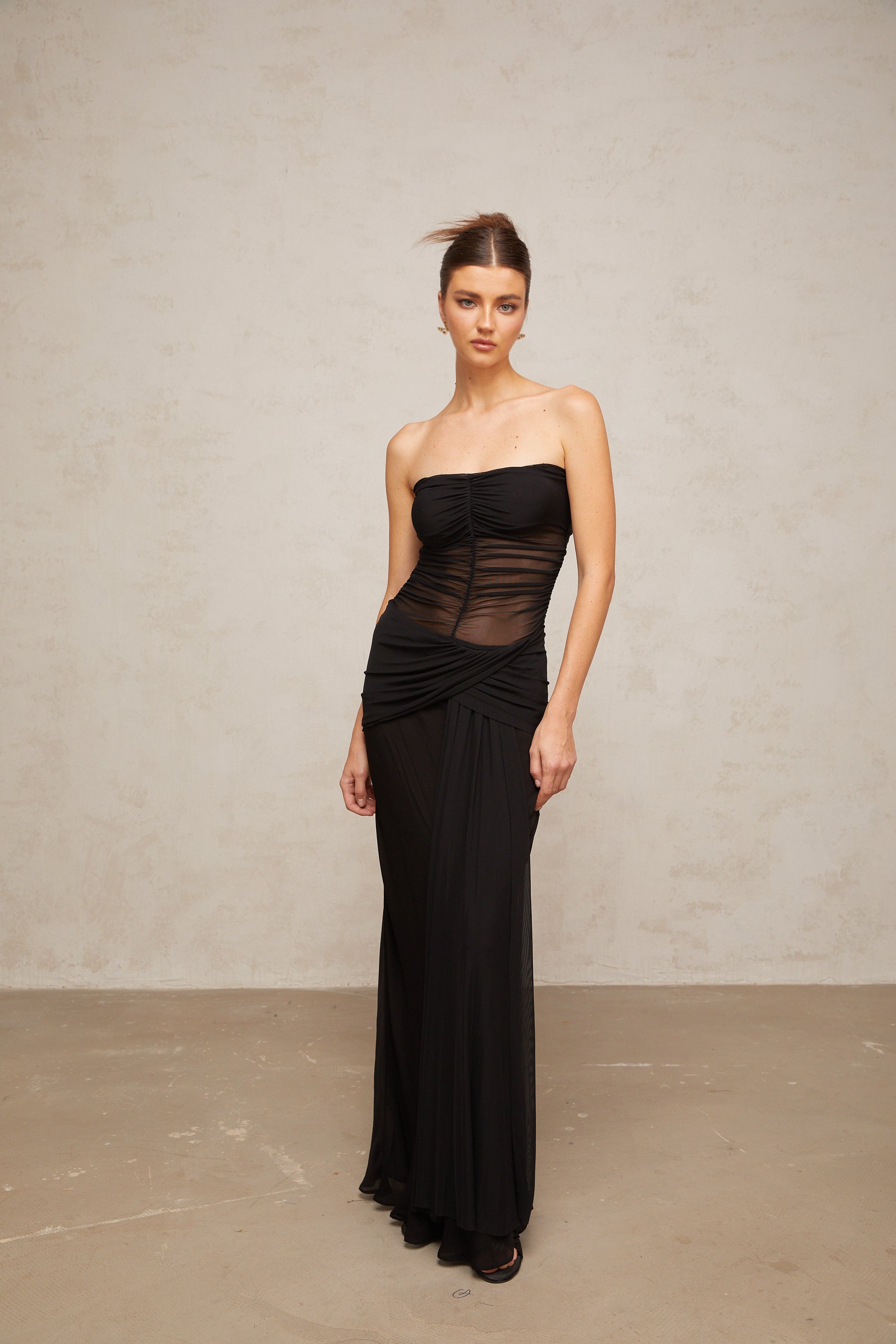 Justine black semi-sheer pleated tulle maxi dress
