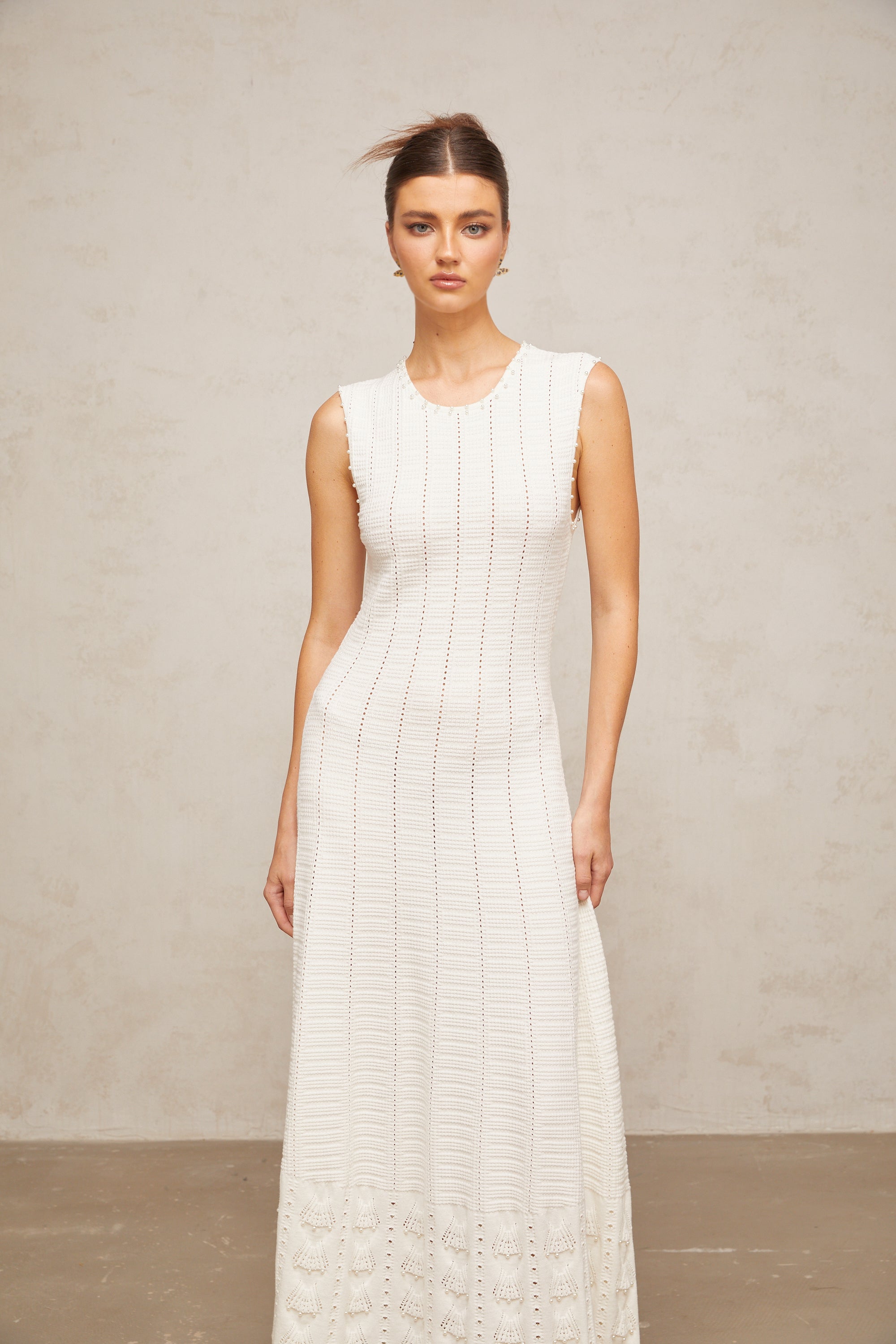 Urbaine white faux-pearl pointelle-knit maxi dress