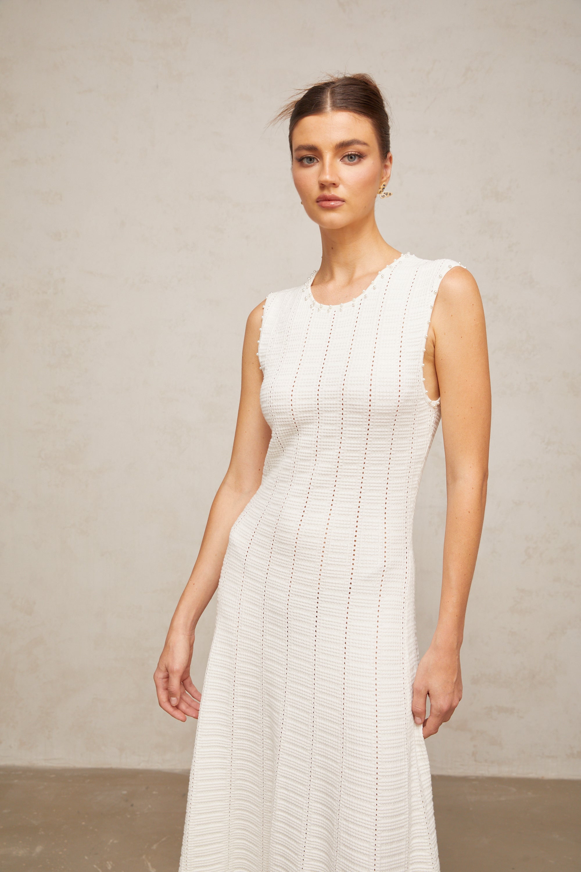 Urbaine white faux-pearl pointelle-knit maxi dress
