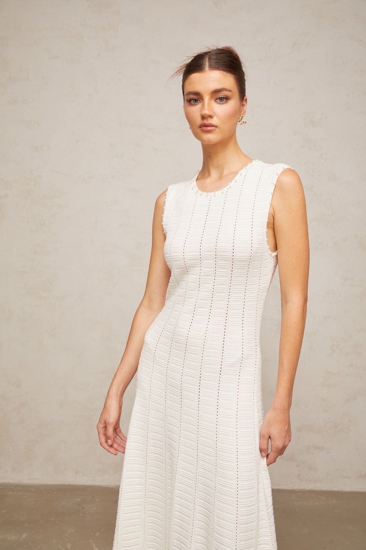 Urbaine white faux-pearl pointelle-knit maxi dress