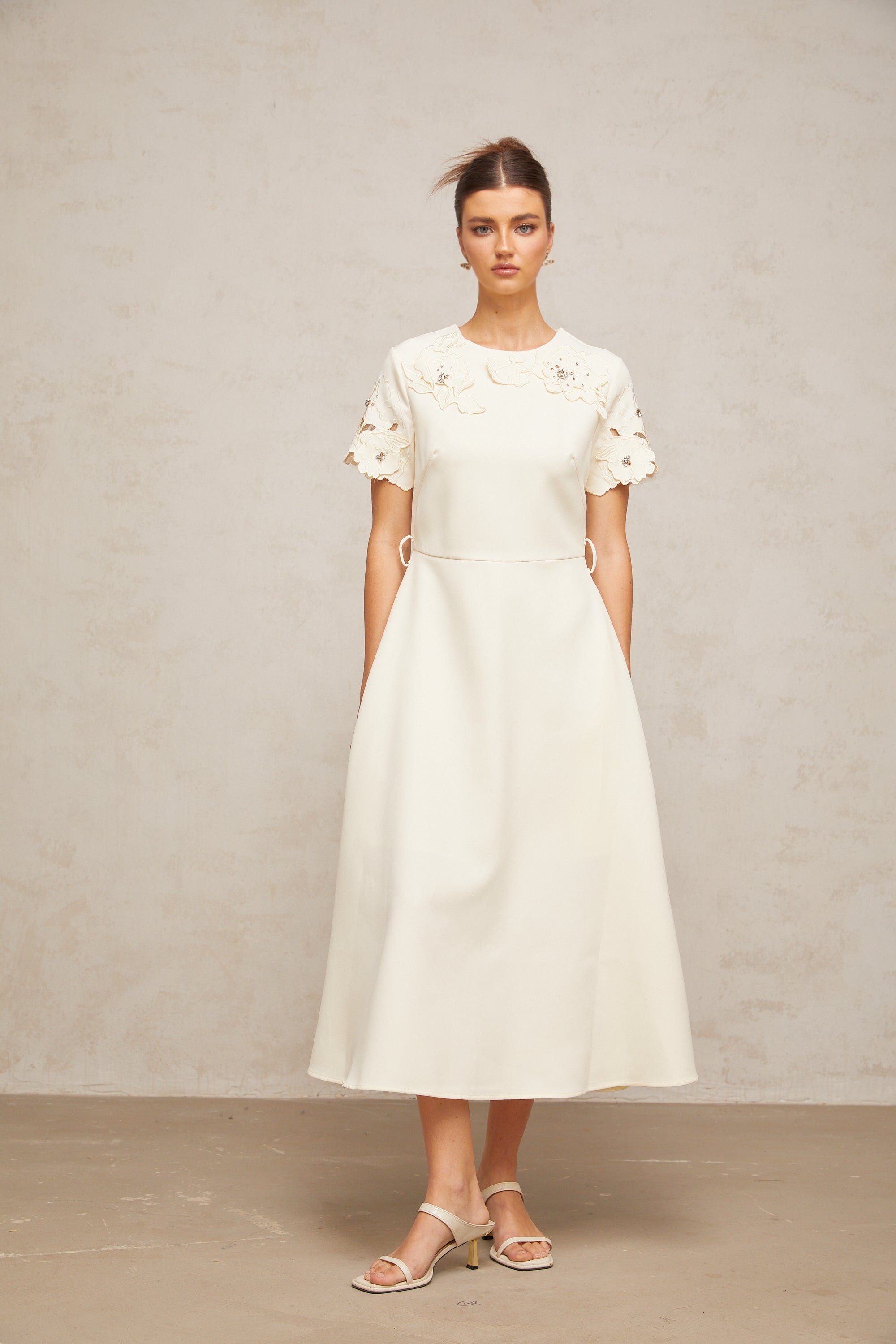 Orane neutrals floral-appliqué flared midi dress