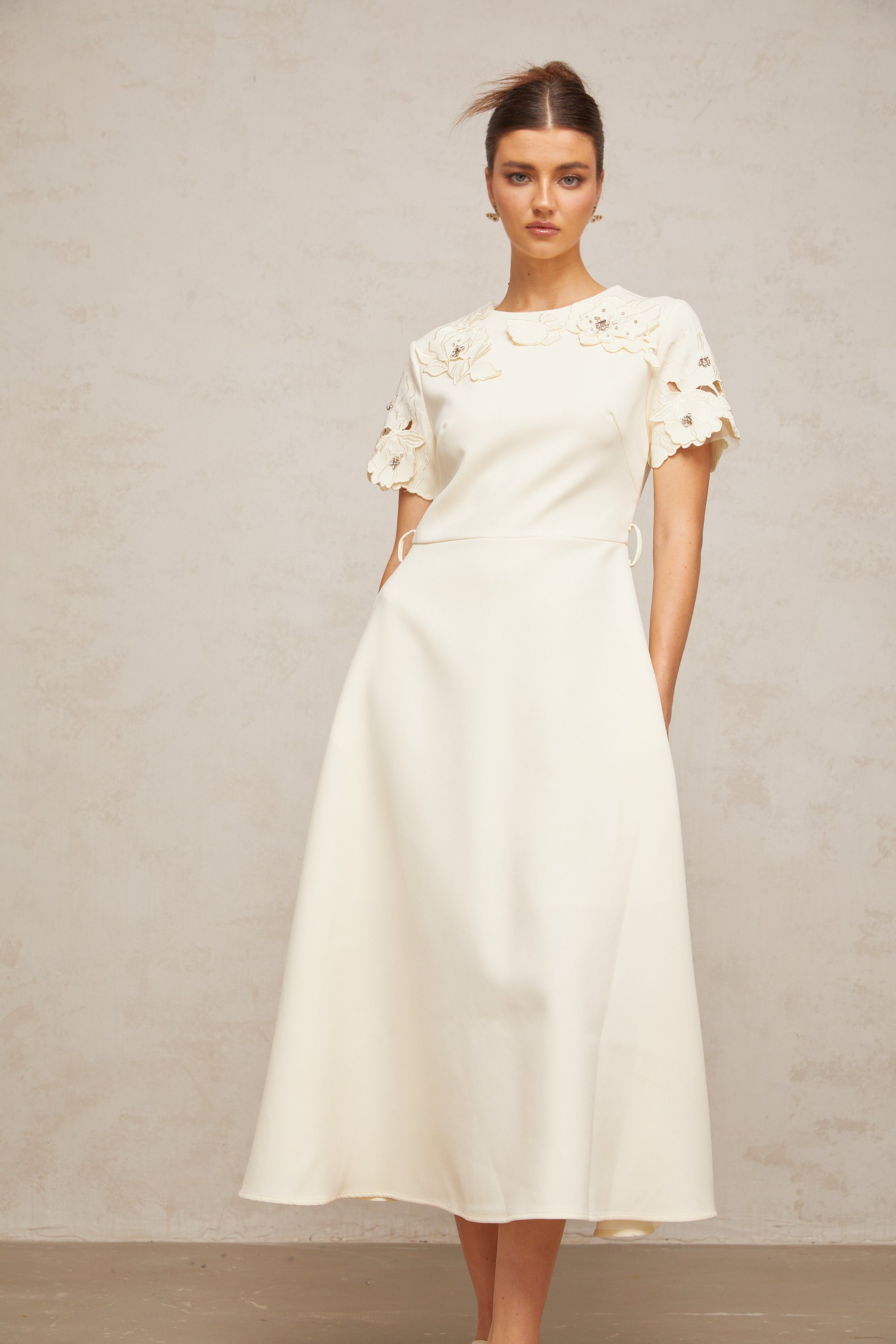 Orane neutrals floral-appliqué flared midi dress