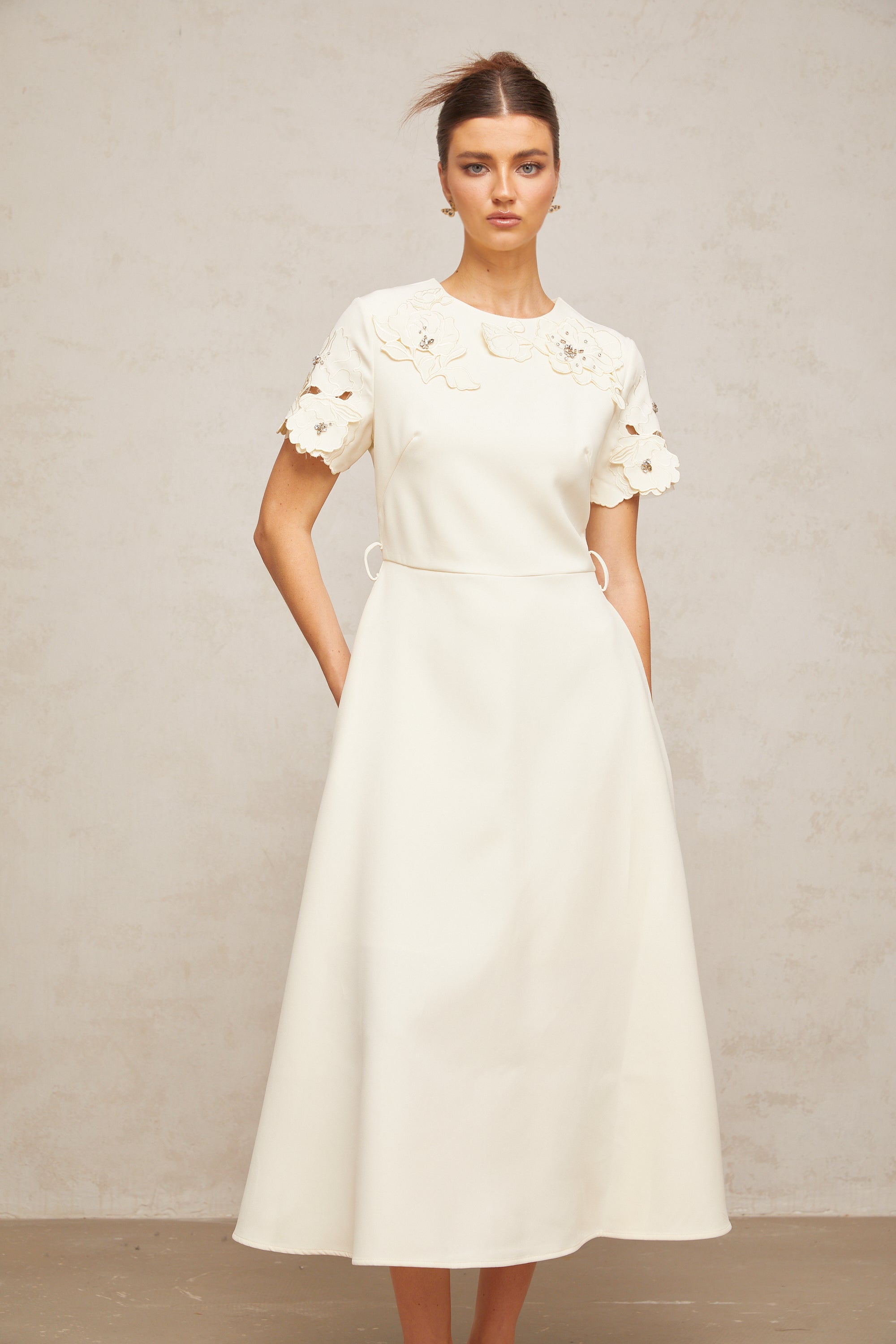 Orane neutrals floral-appliqué flared midi dress