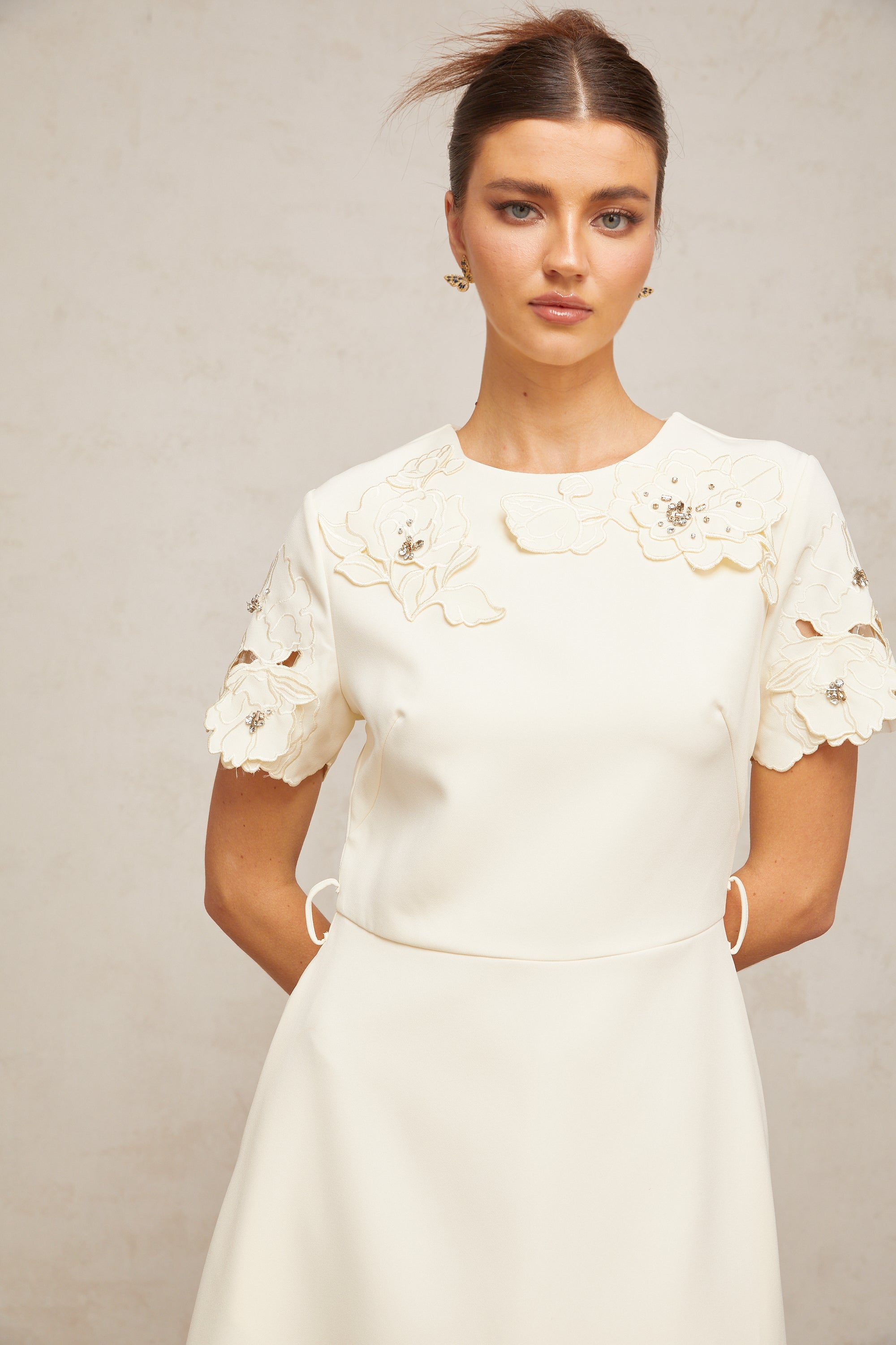 Orane neutrals floral-appliqué flared midi dress