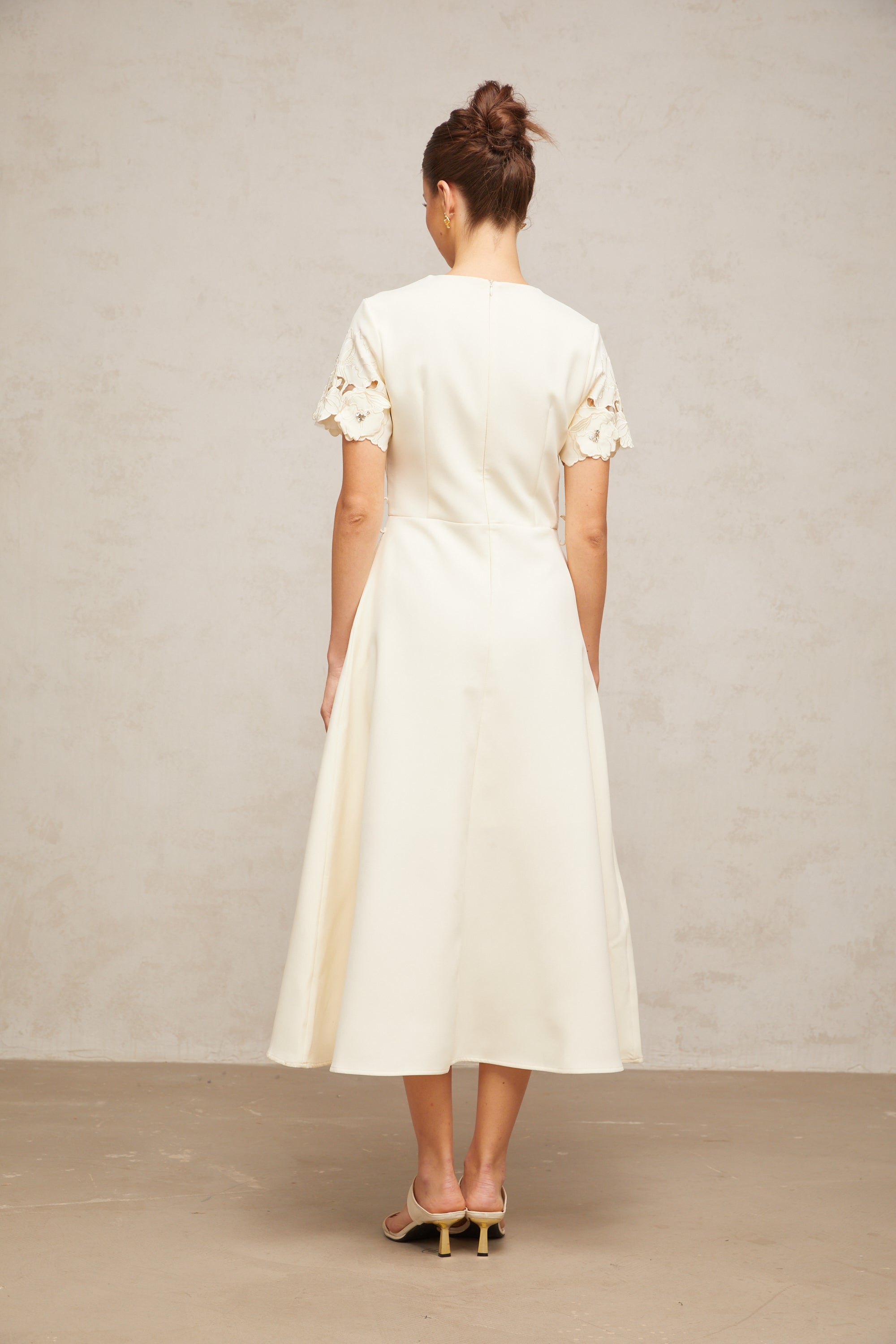 Orane neutrals floral-appliqué flared midi dress