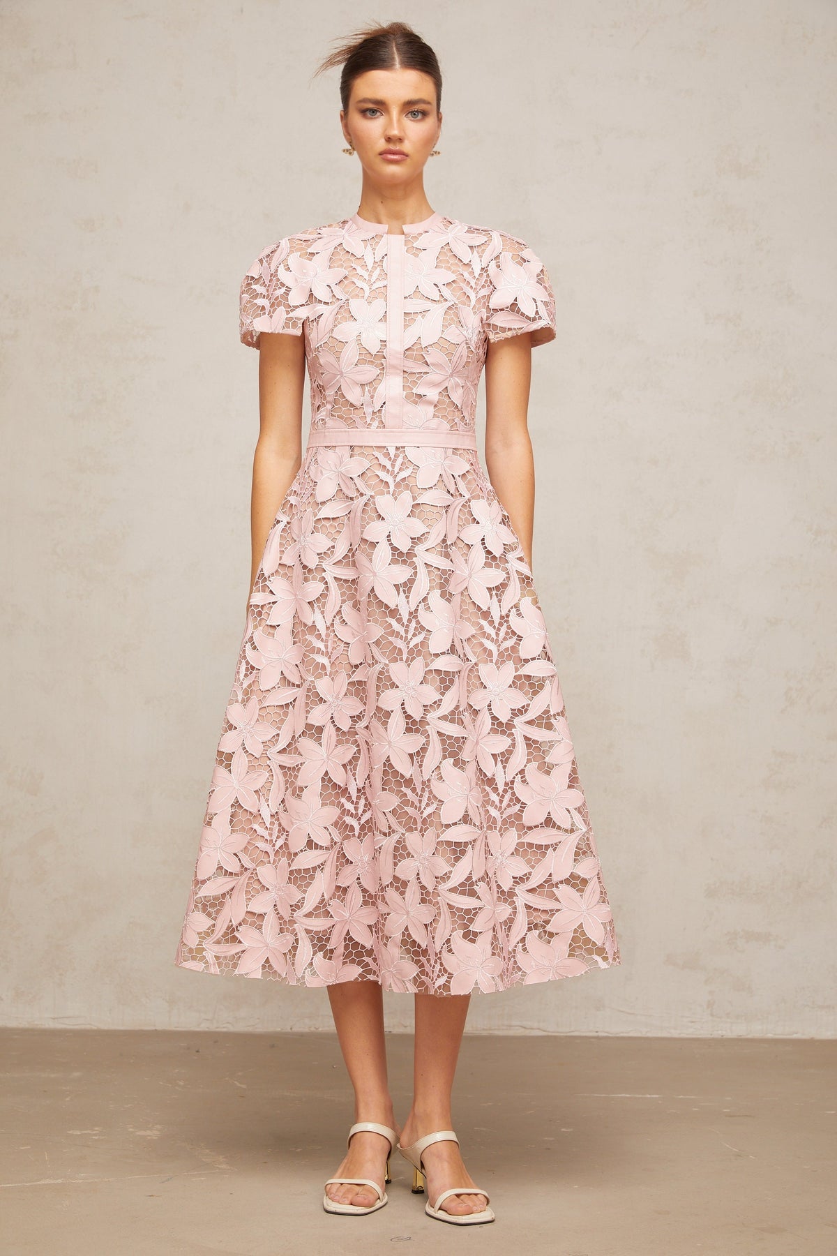Vérane pink guipure-lace midi dress