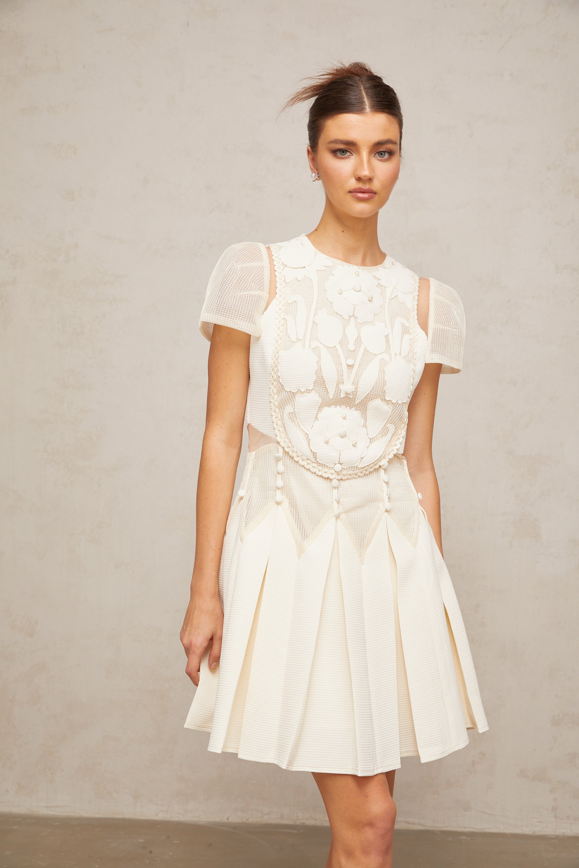 Maelle white flower-embroidered mini dress