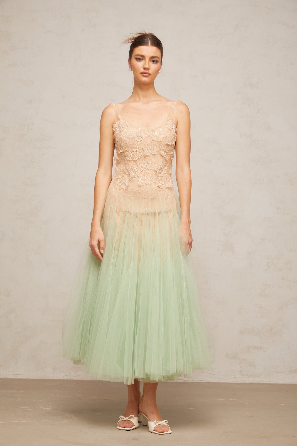 Zoéline green lace-panelling tulle midi dress
