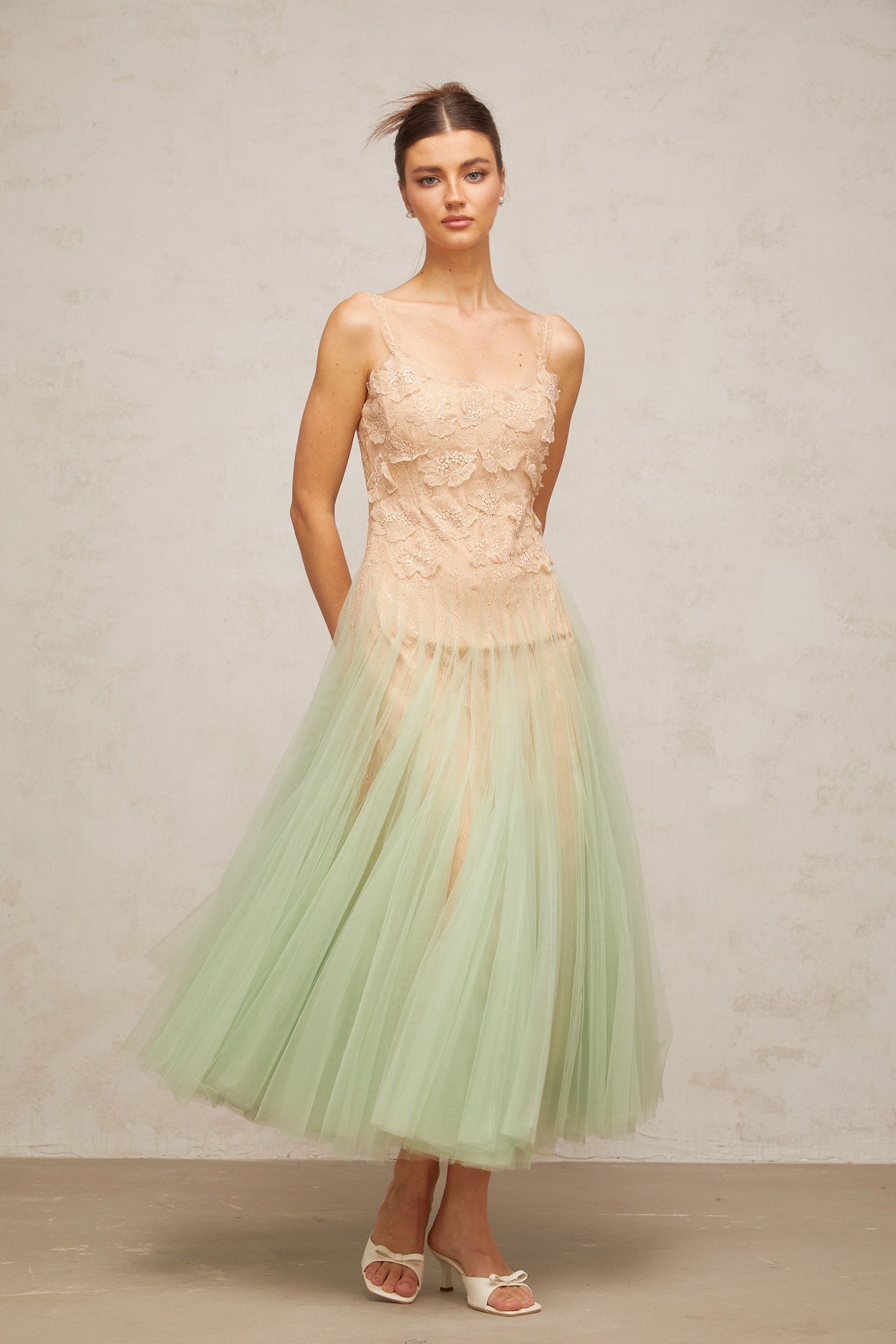 Zoéline green lace-panelling tulle midi dress