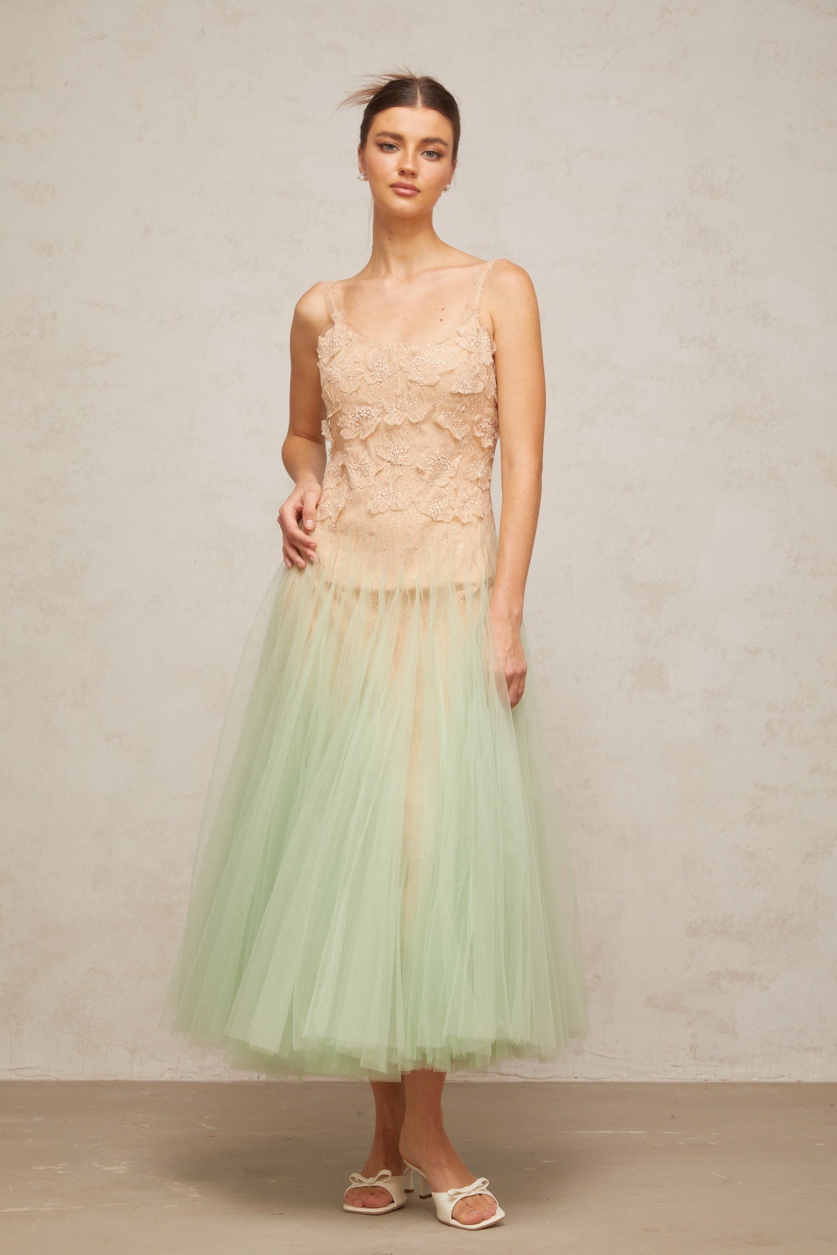 Zoéline green lace-panelling tulle midi dress