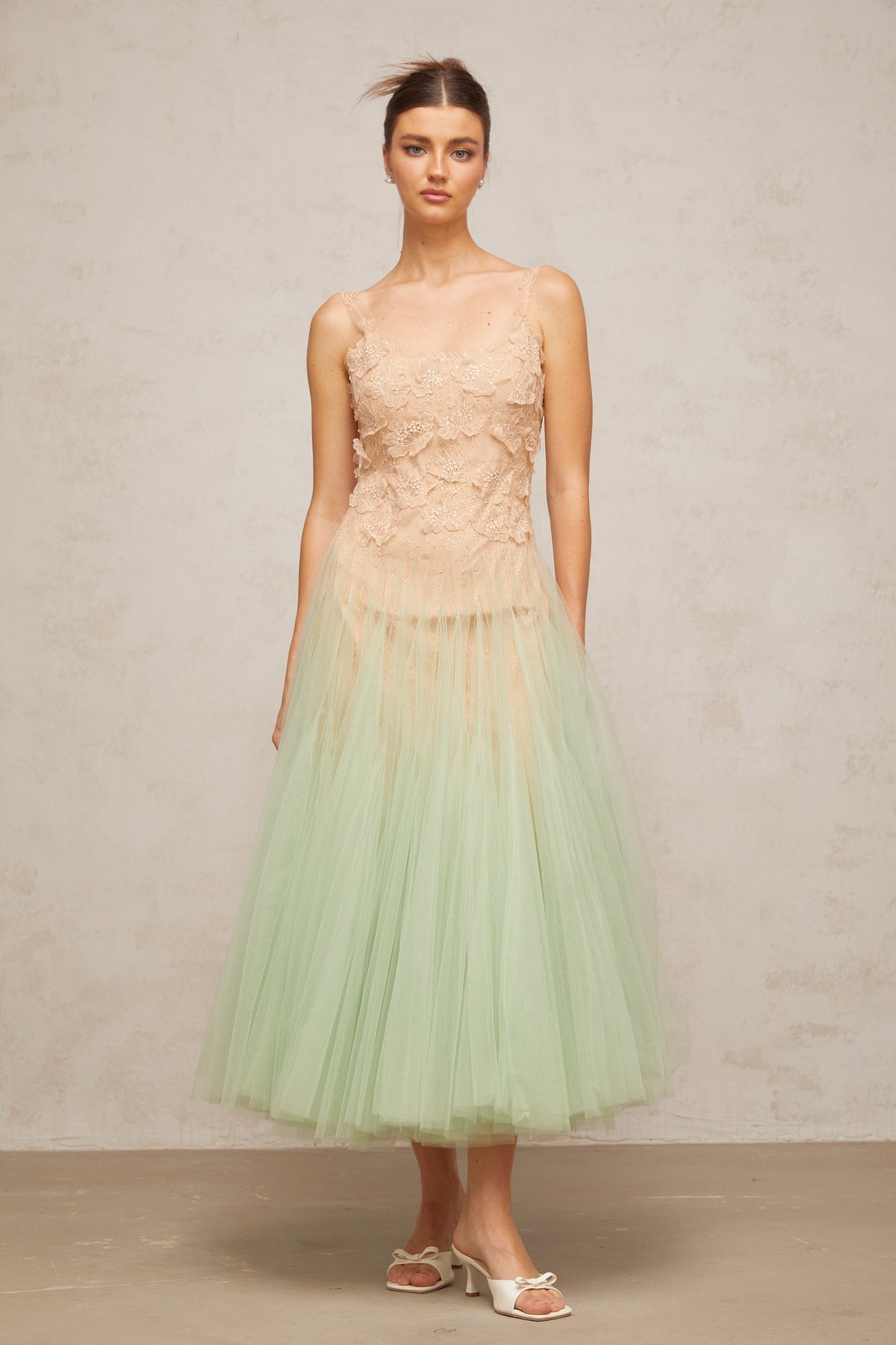 Zoéline green lace-panelling tulle midi dress