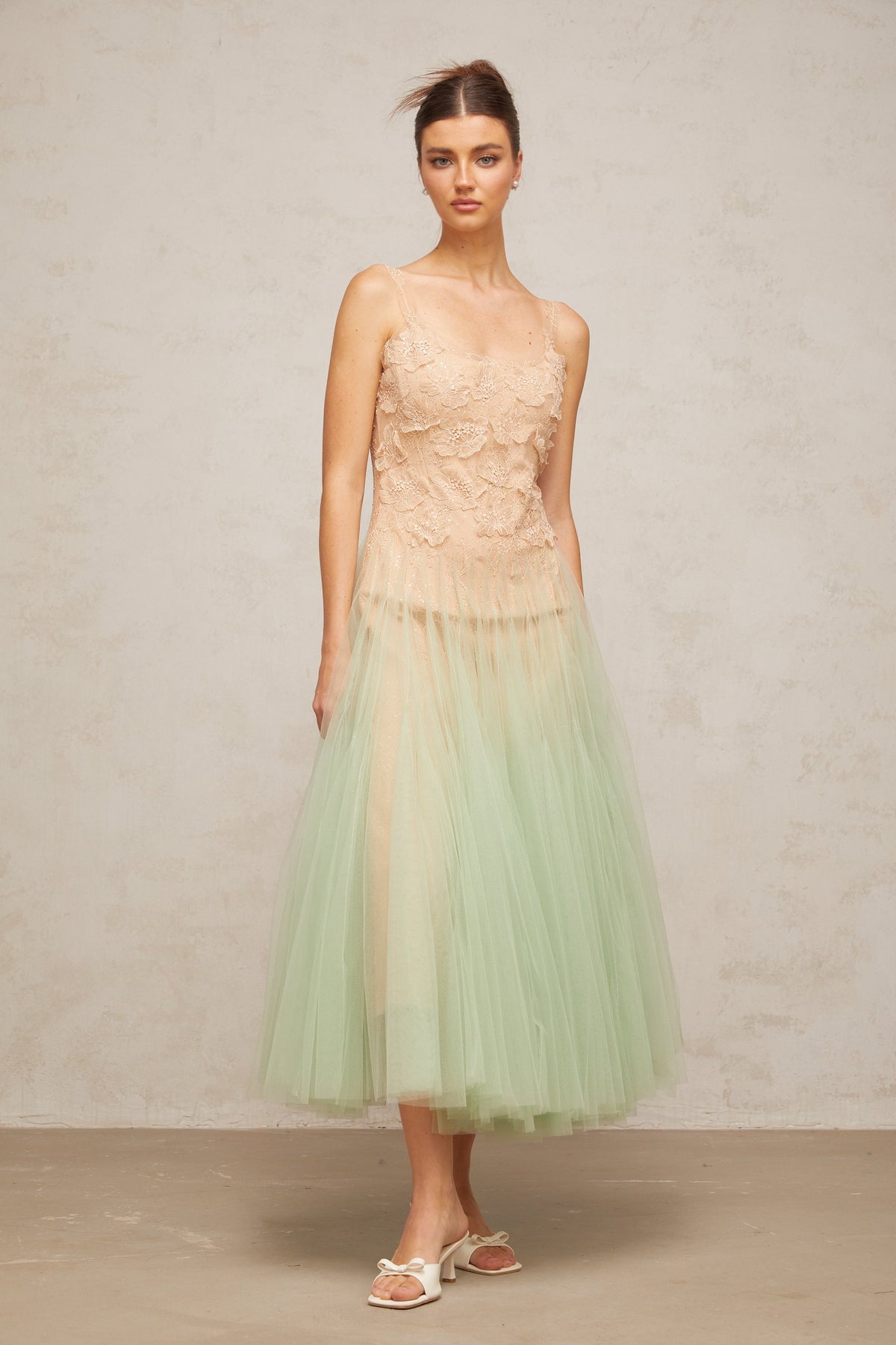 Zoéline green lace-panelling tulle midi dress