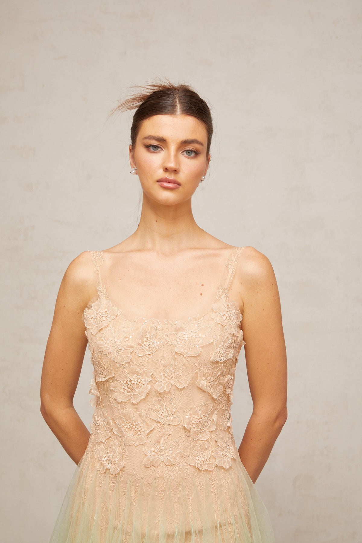 Zoéline green lace-panelling tulle midi dress