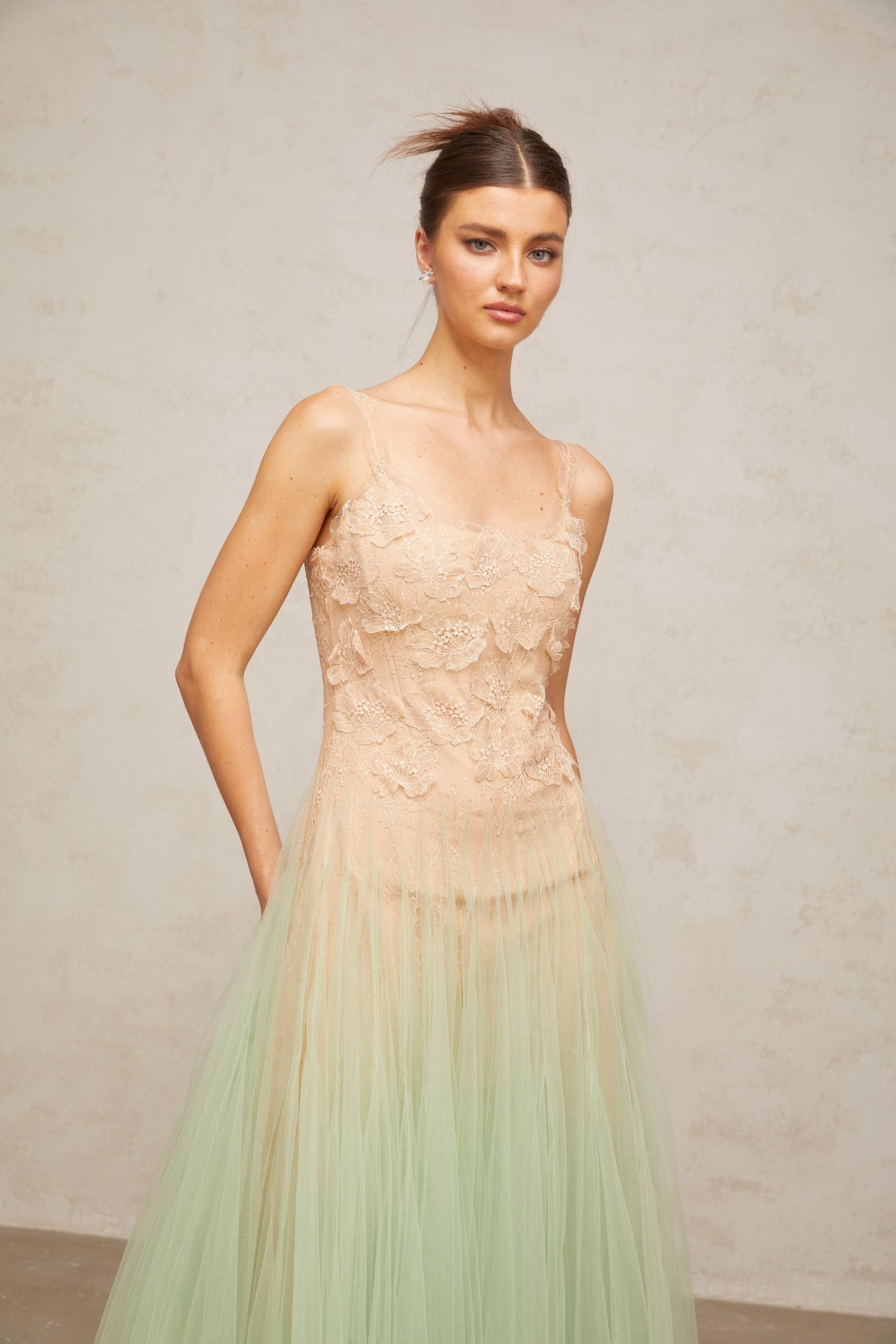 Zoéline green lace-panelling tulle midi dress
