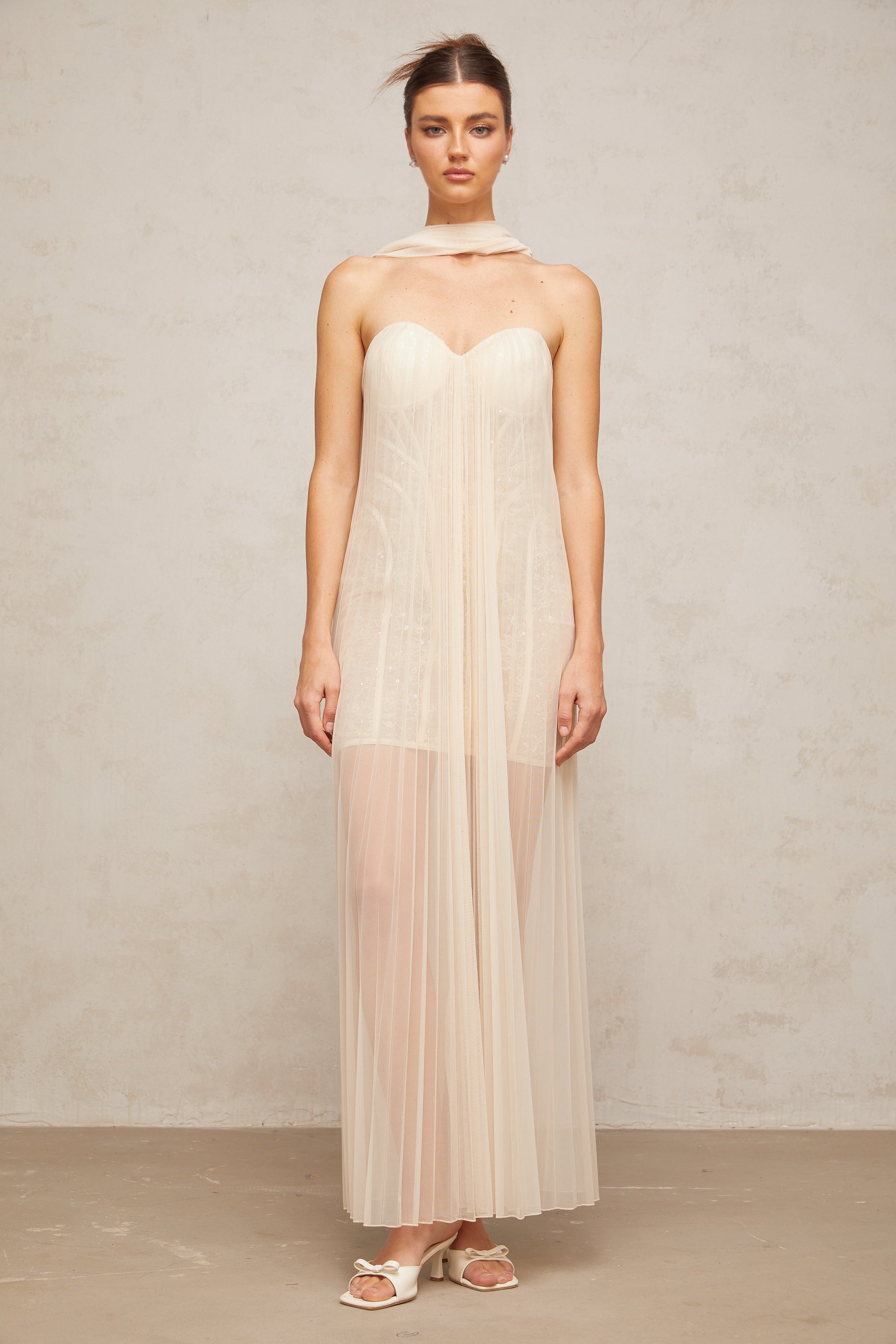 Monique ribbon-design pleated tulle maxi dress in Neutrals