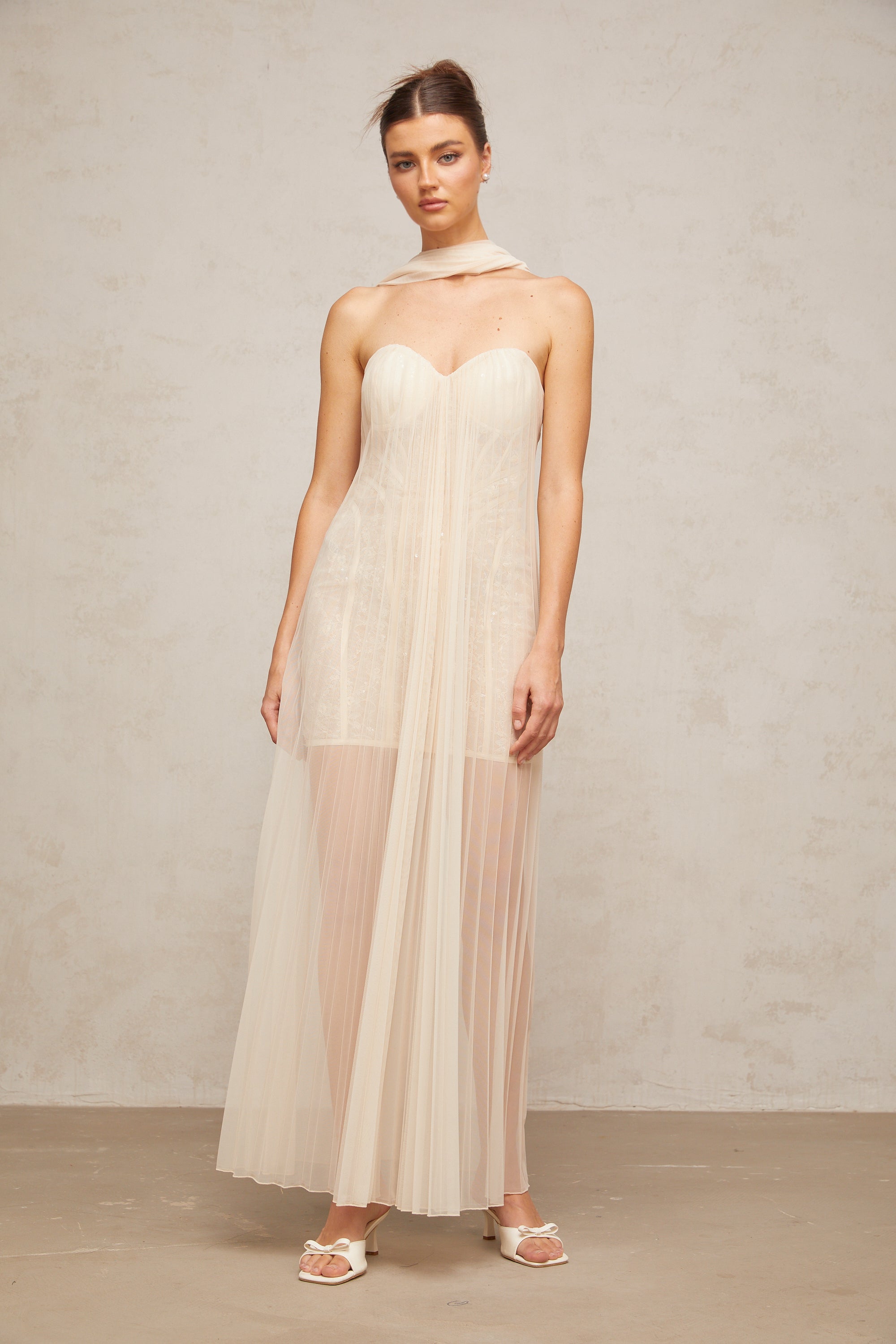 Monique ribbon-design pleated tulle maxi dress in Neutrals