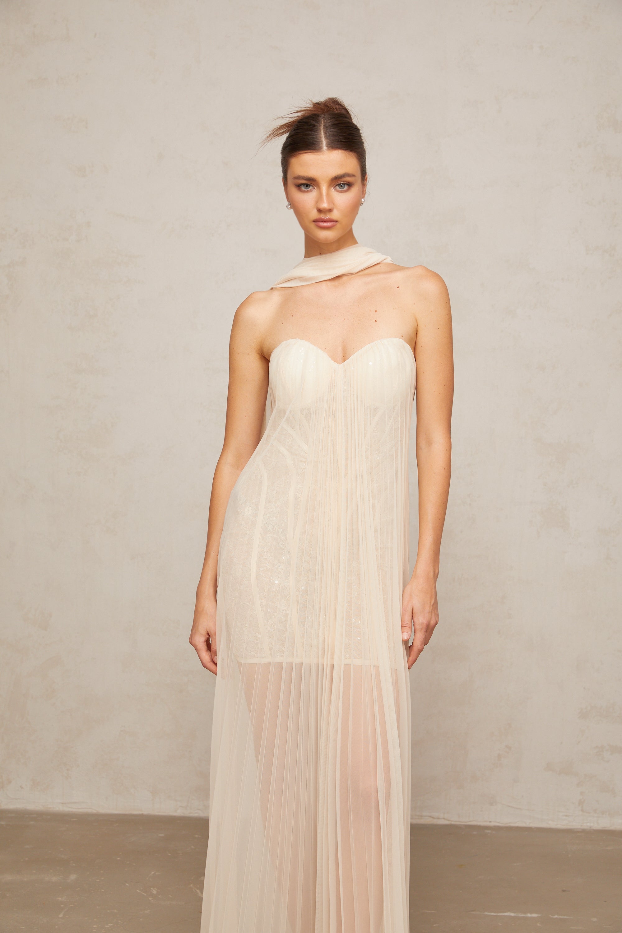 Monique ribbon-design pleated tulle maxi dress in Neutrals