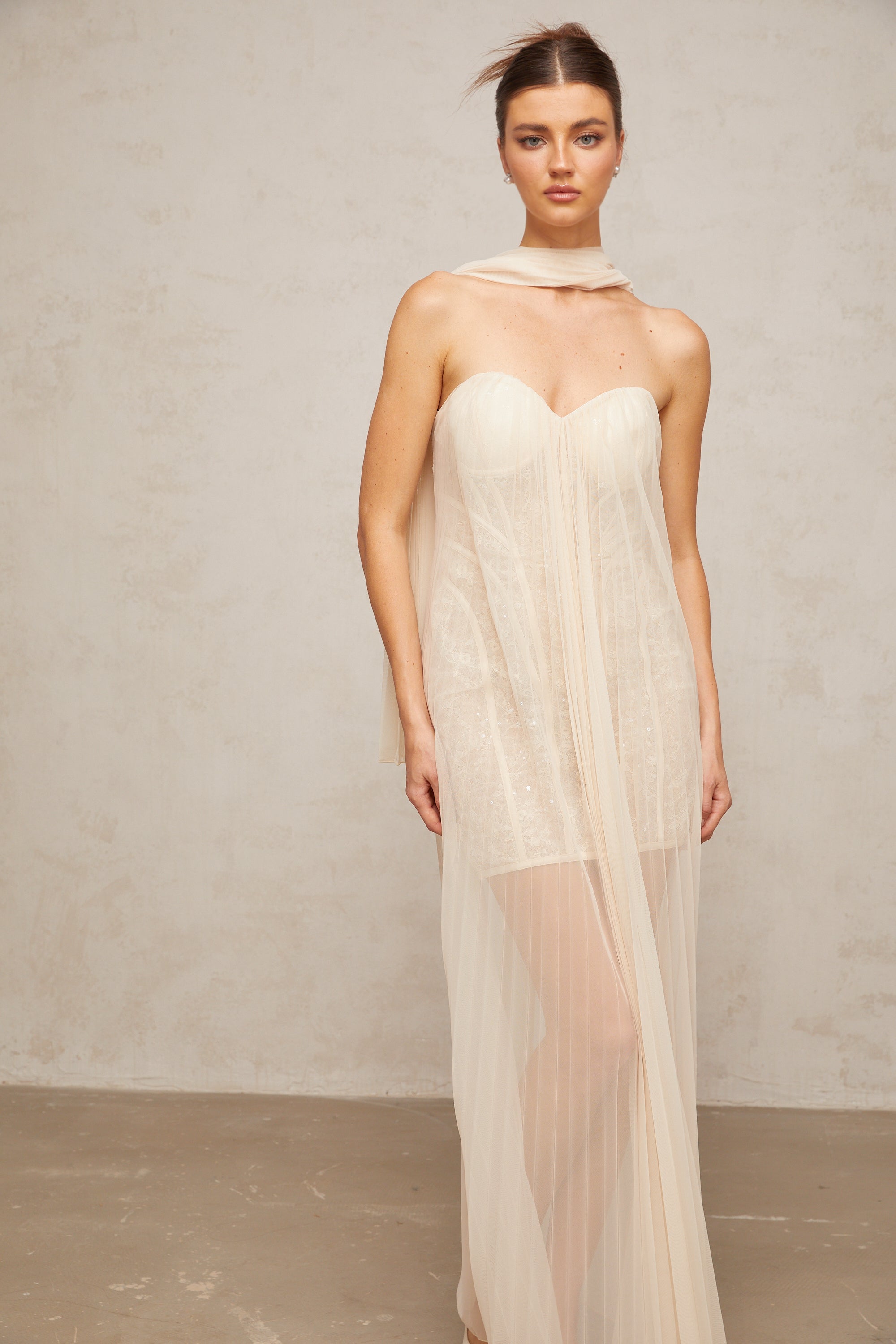 Monique ribbon-design pleated tulle maxi dress in Neutrals