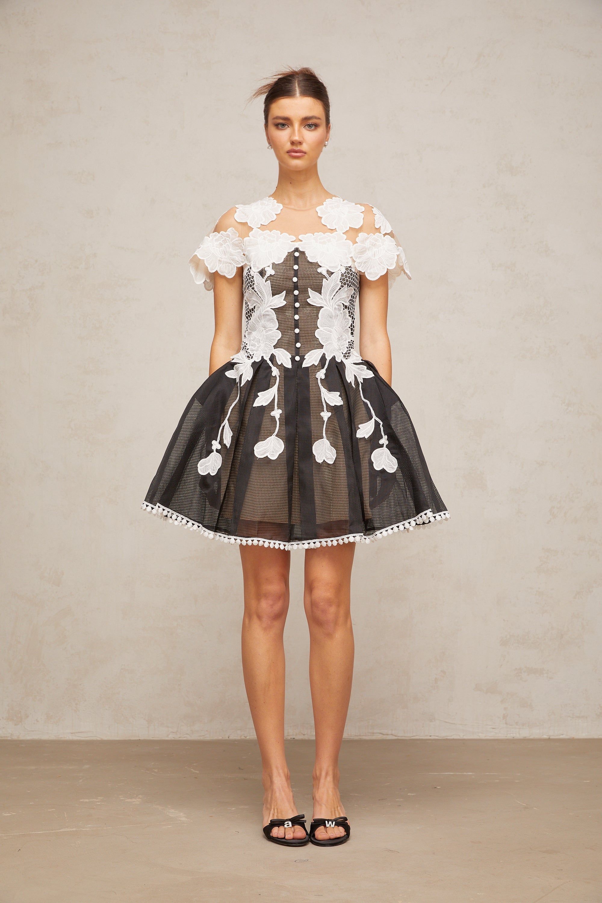 Sandrine color-blocked floral-embroidered mini dress