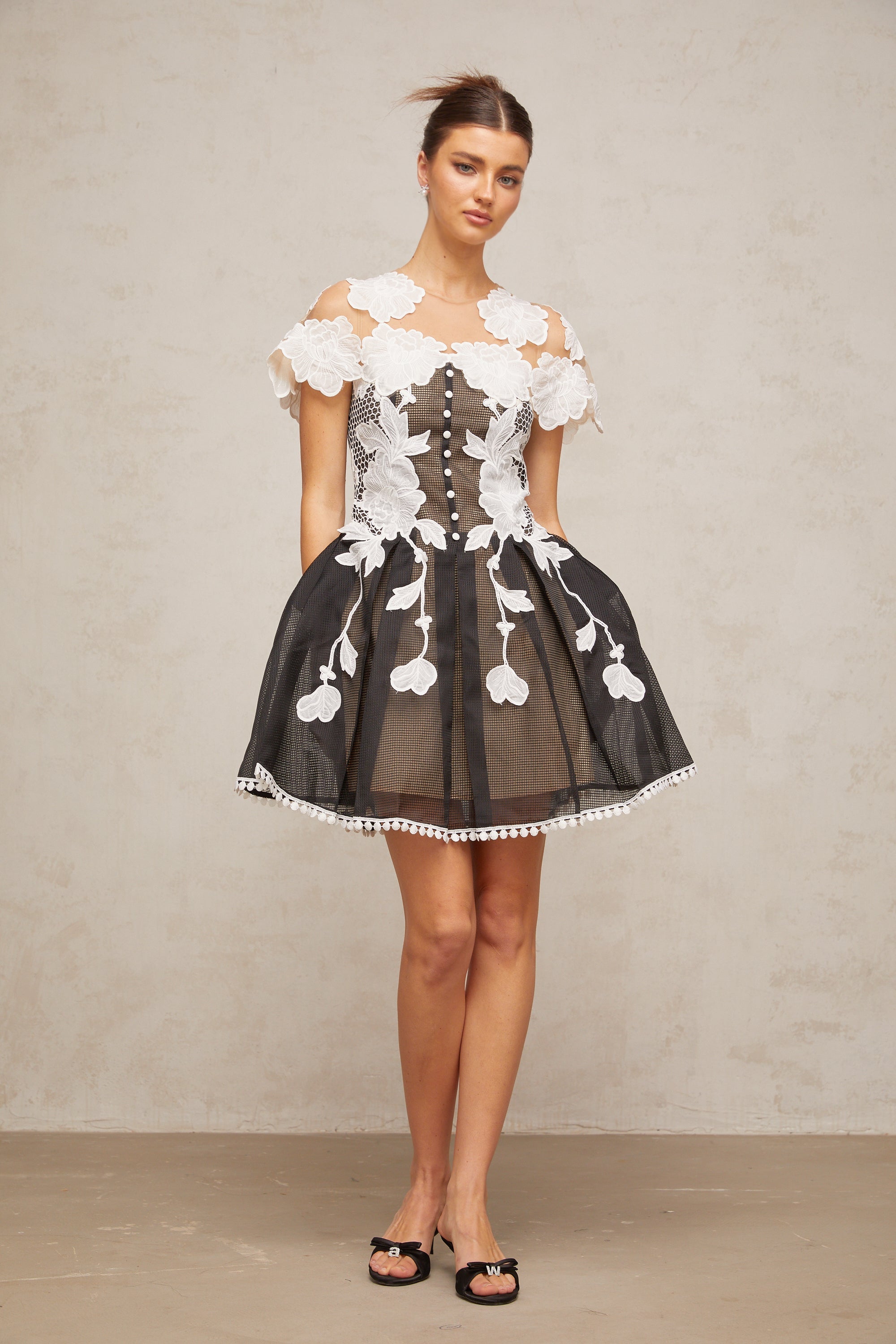 Sandrine color-blocked floral-embroidered mini dress