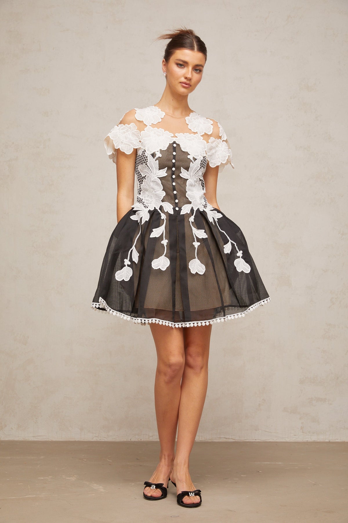 Sandrine color-blocked floral-embroidered mini dress