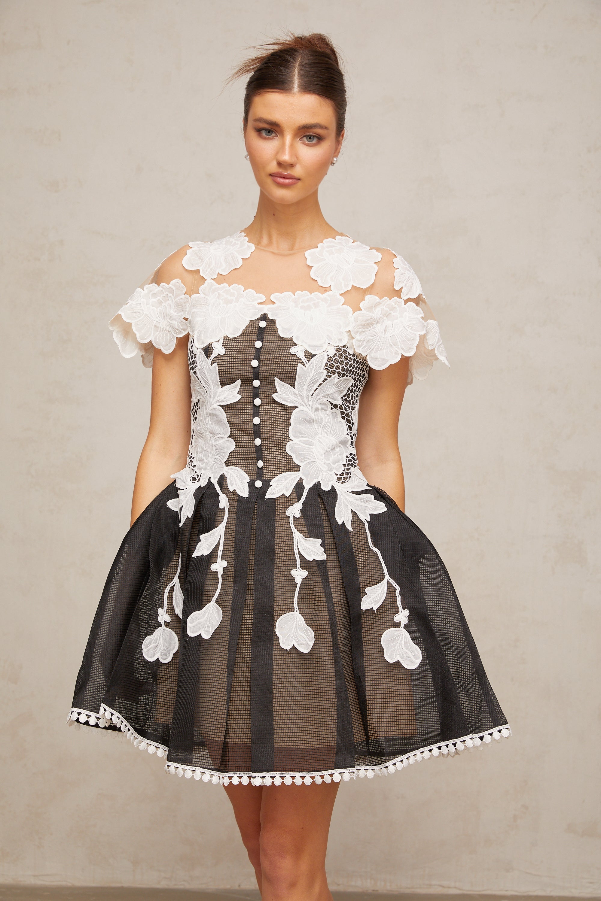 Sandrine color-blocked floral-embroidered mini dress