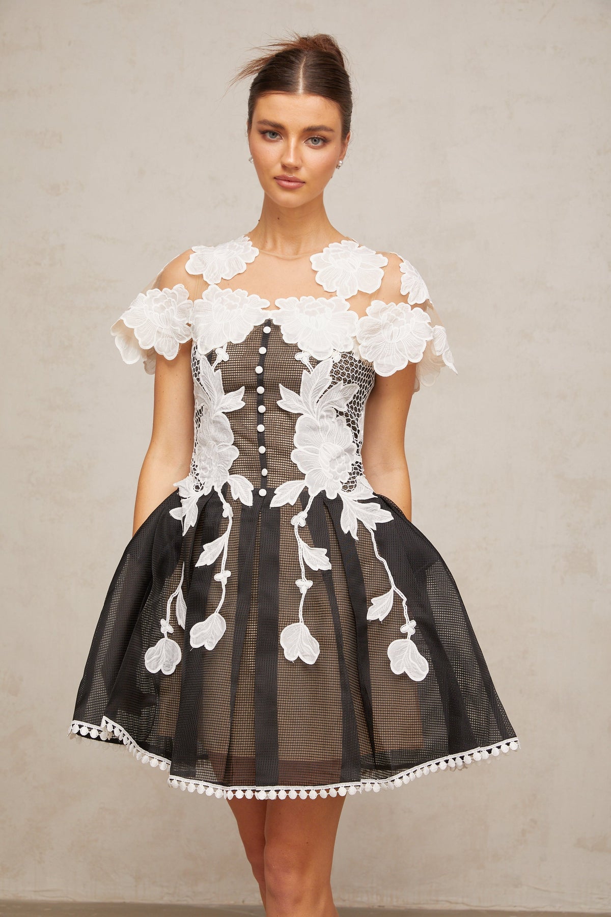 Sandrine color-blocked floral-embroidered mini dress