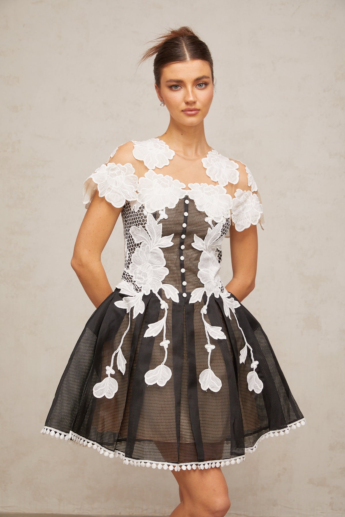 Sandrine color-blocked floral-embroidered mini dress