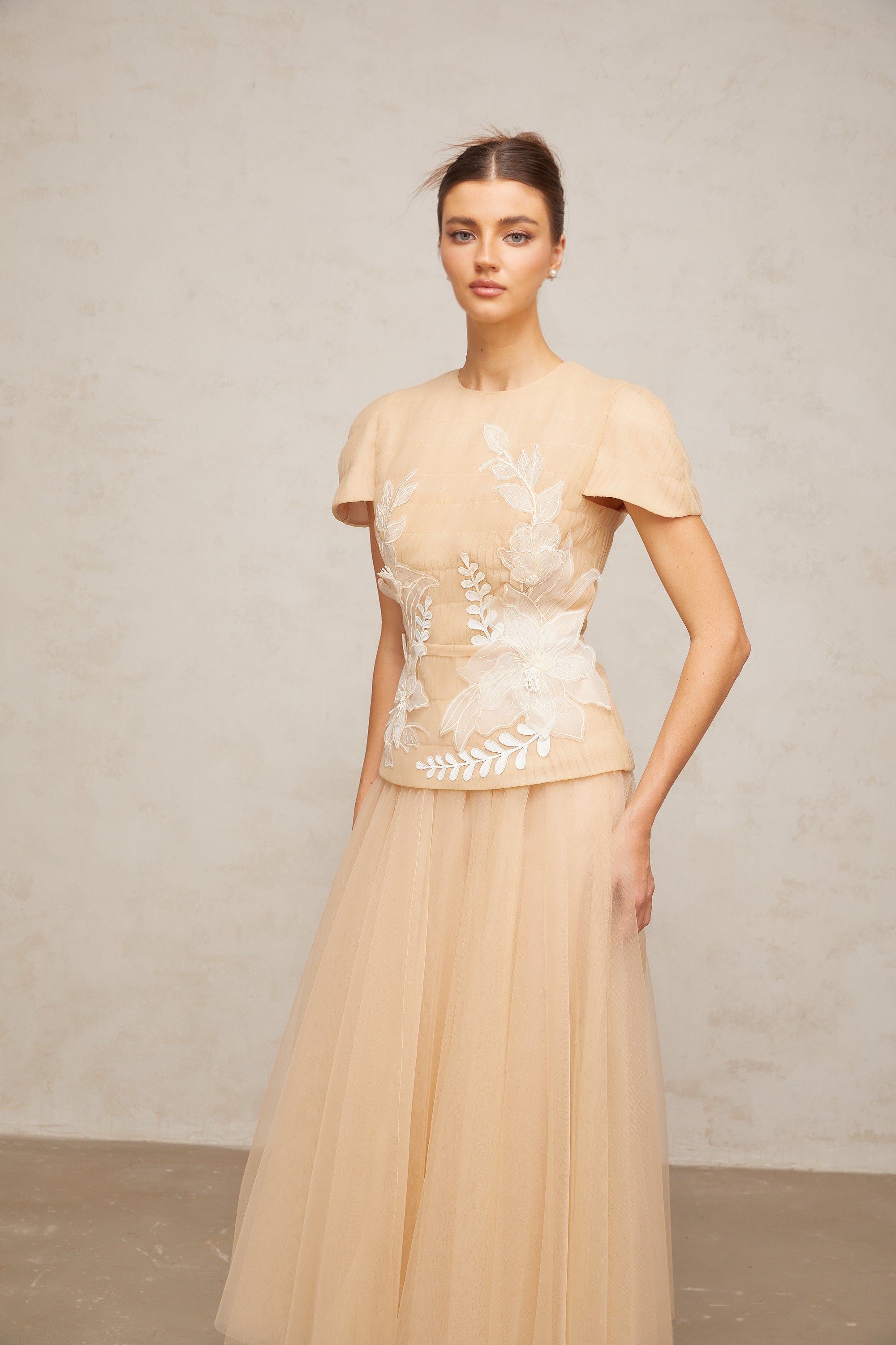 Ludivine floral-appliqué tulle top & skirt matching set