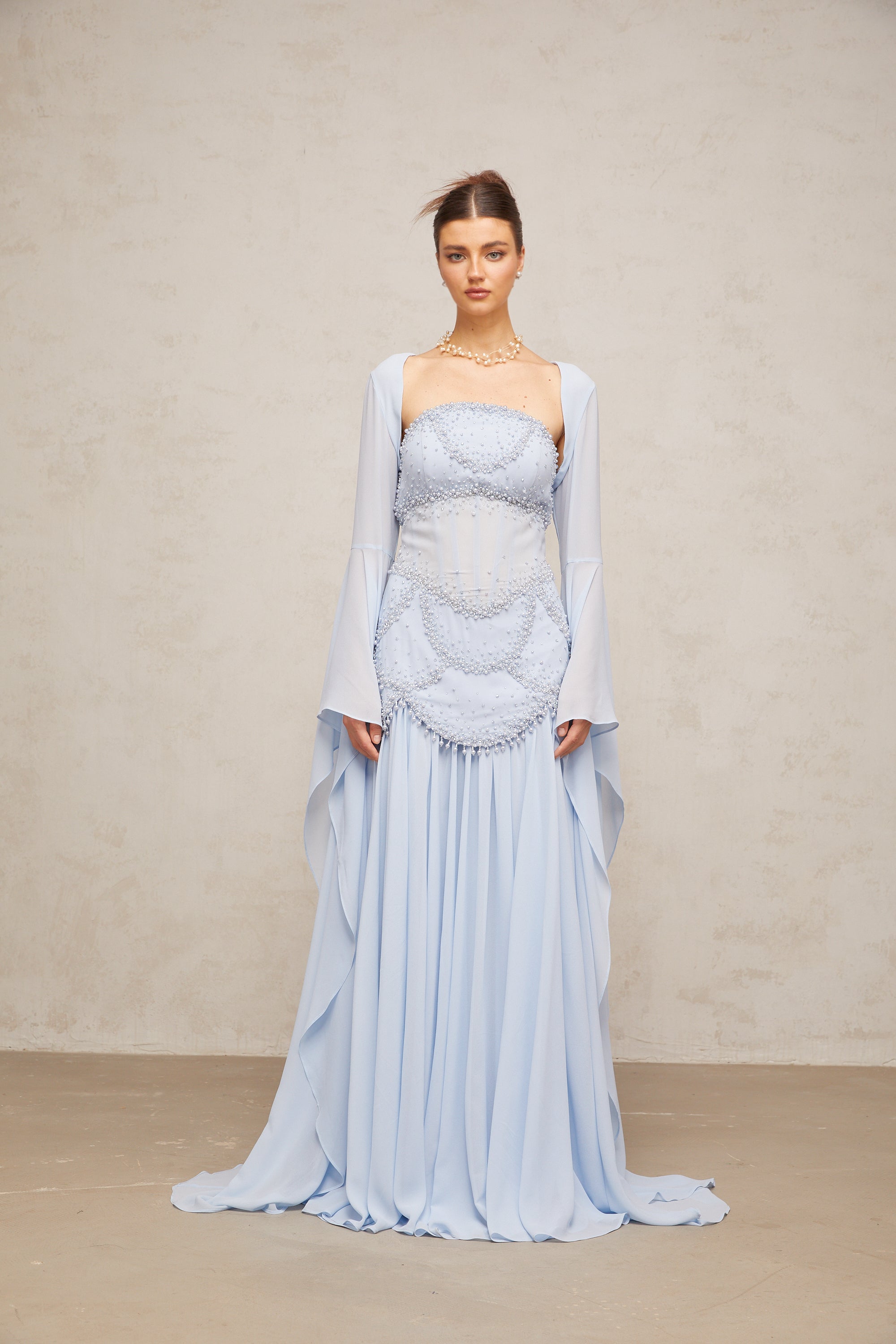 Gaëlle faux-pearl-embellished pleated maxi dress in Light-blue