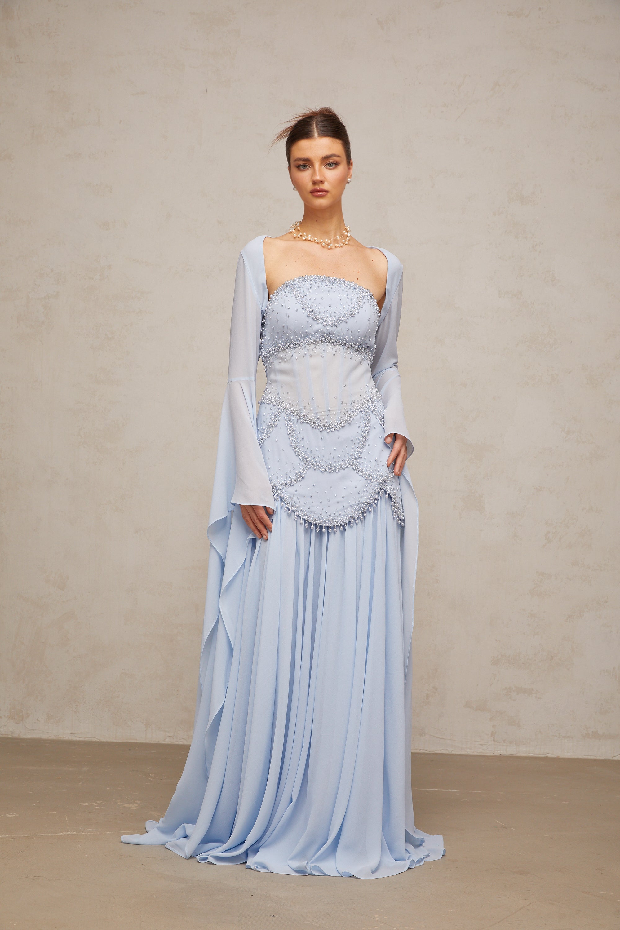Gaëlle faux-pearl-embellished pleated maxi dress in Light-blue