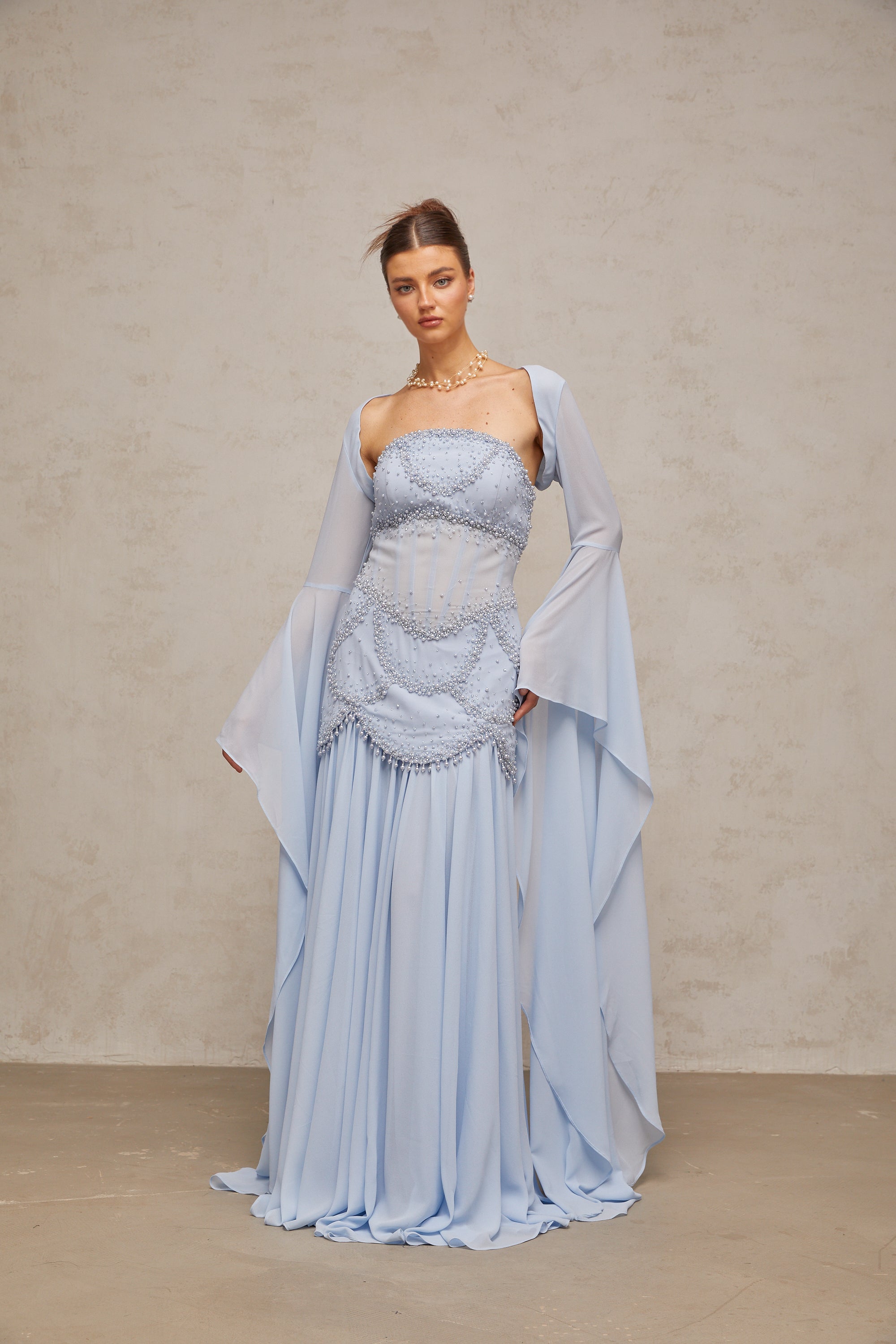 Gaëlle faux-pearl-embellished pleated maxi dress in Light-blue