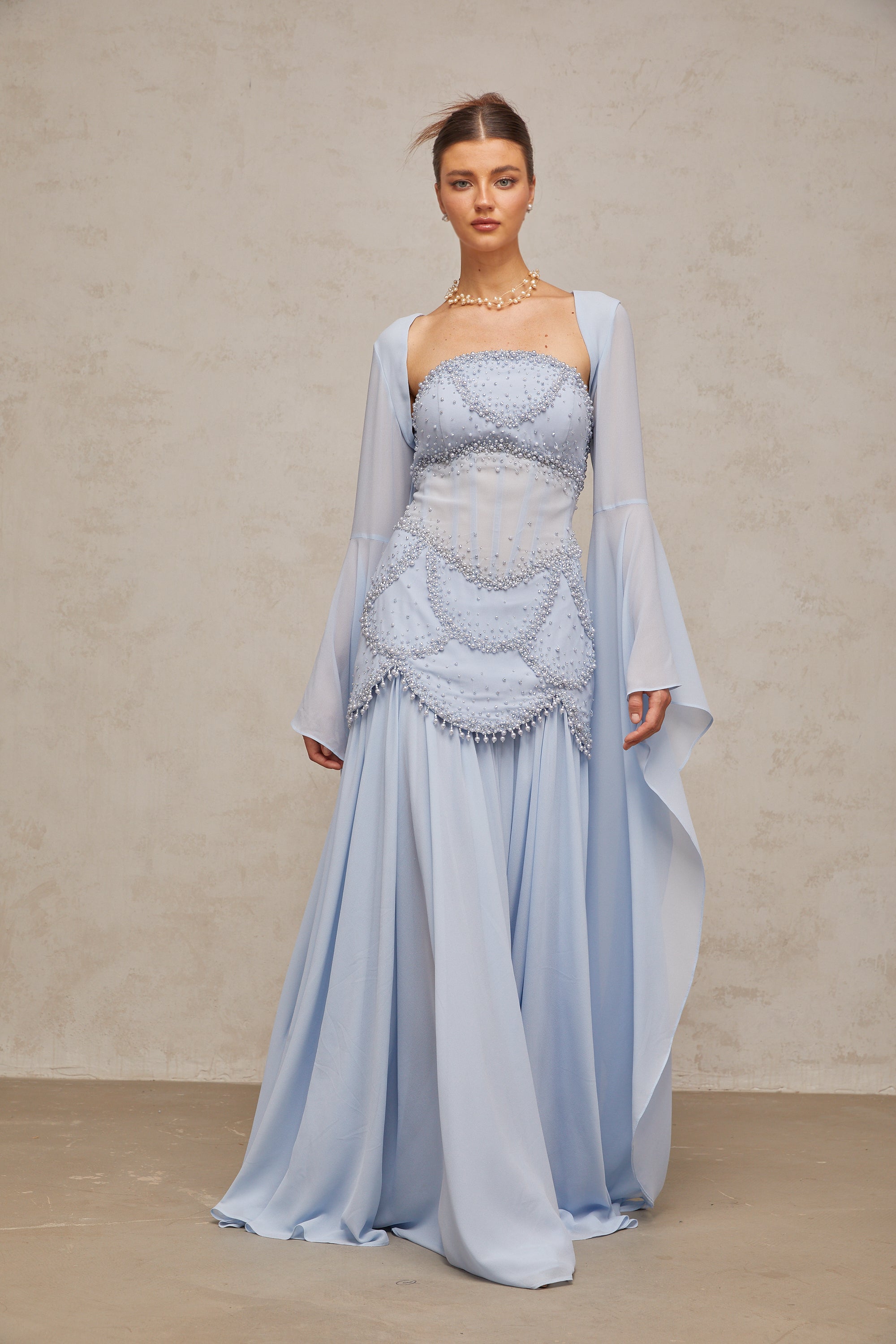 Gaëlle faux-pearl-embellished pleated maxi dress in Light-blue