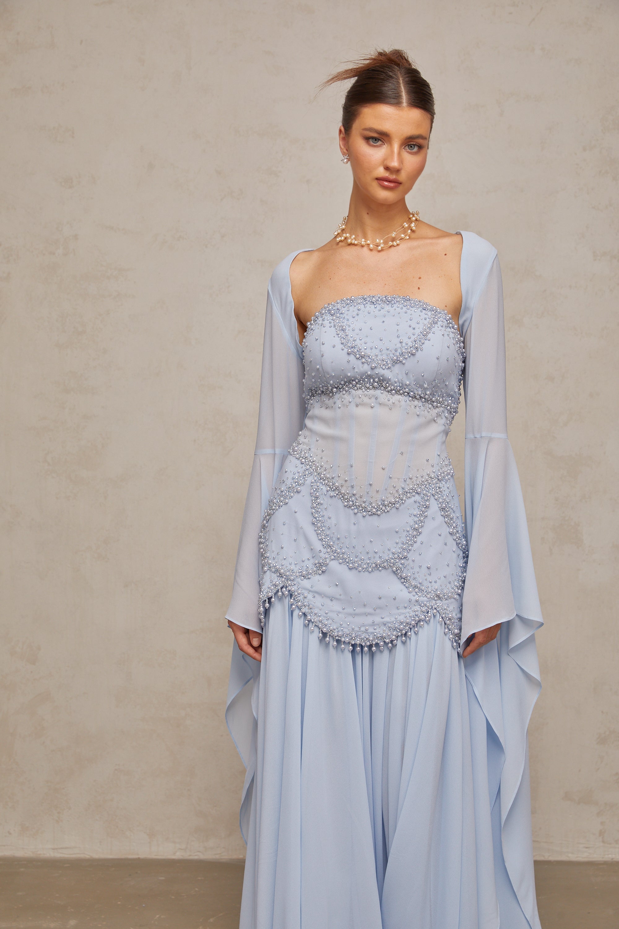 Gaëlle faux-pearl-embellished pleated maxi dress in Light-blue