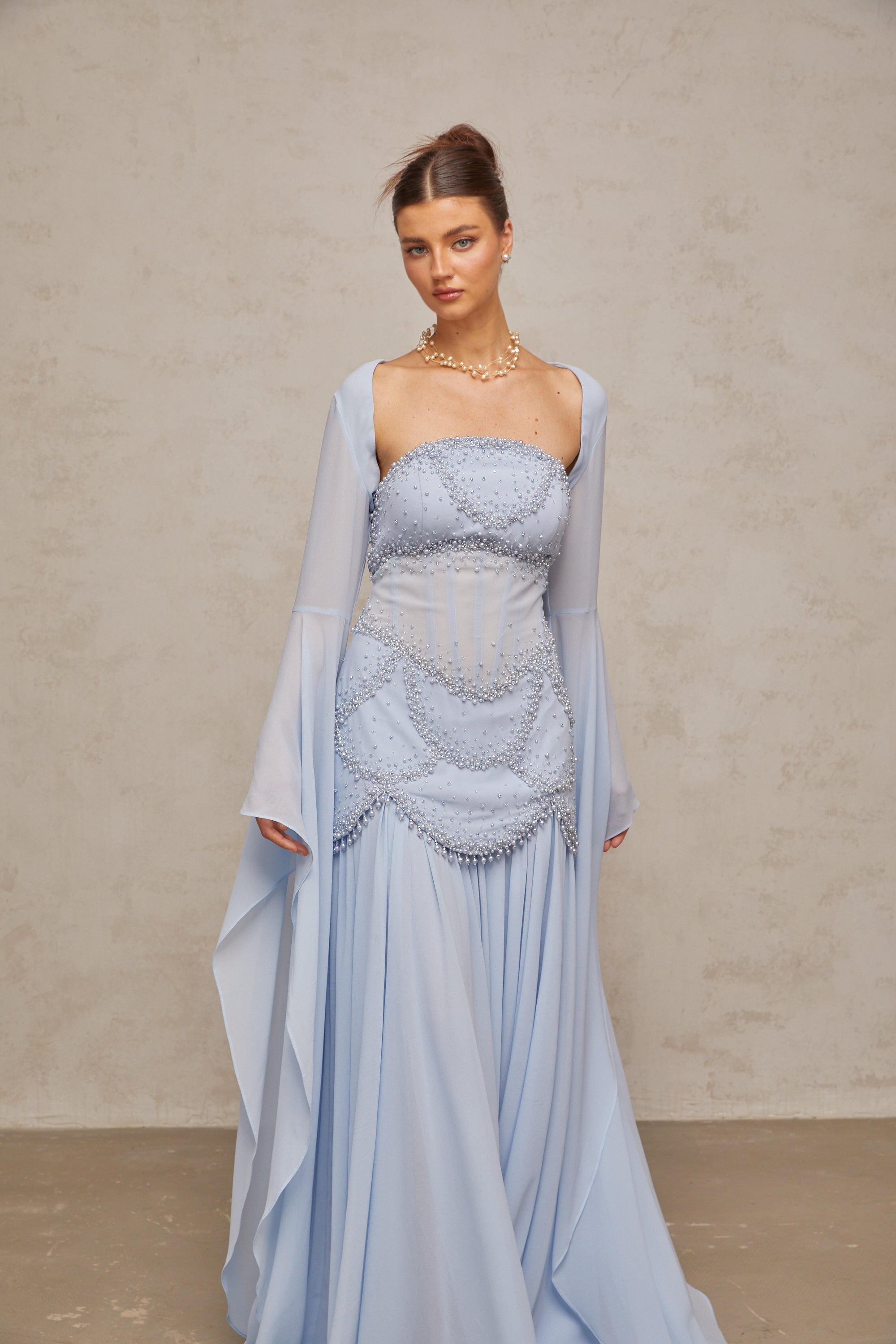 Gaëlle faux-pearl-embellished pleated maxi dress in Light-blue