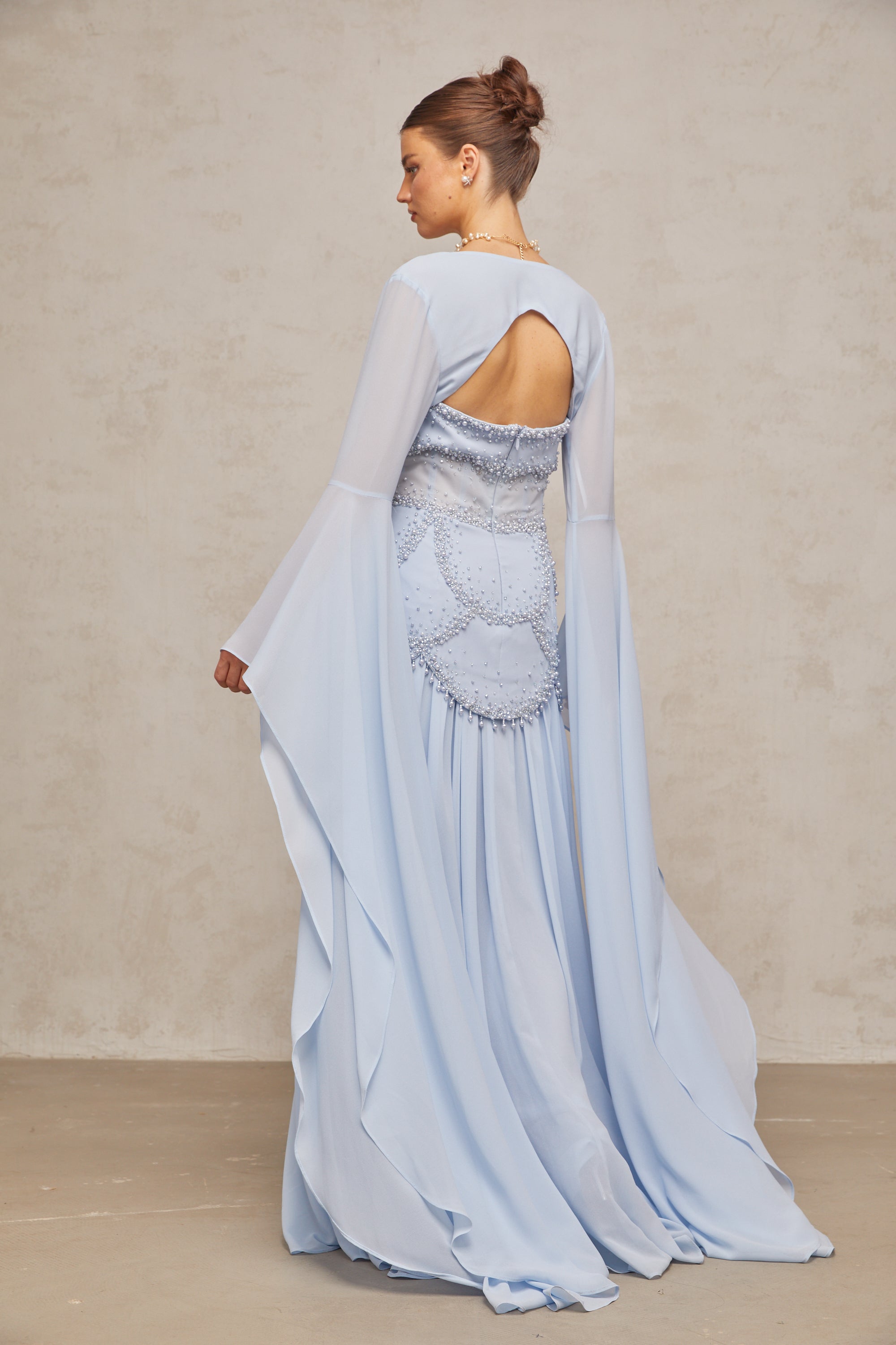 Gaëlle faux-pearl-embellished pleated maxi dress in Light-blue