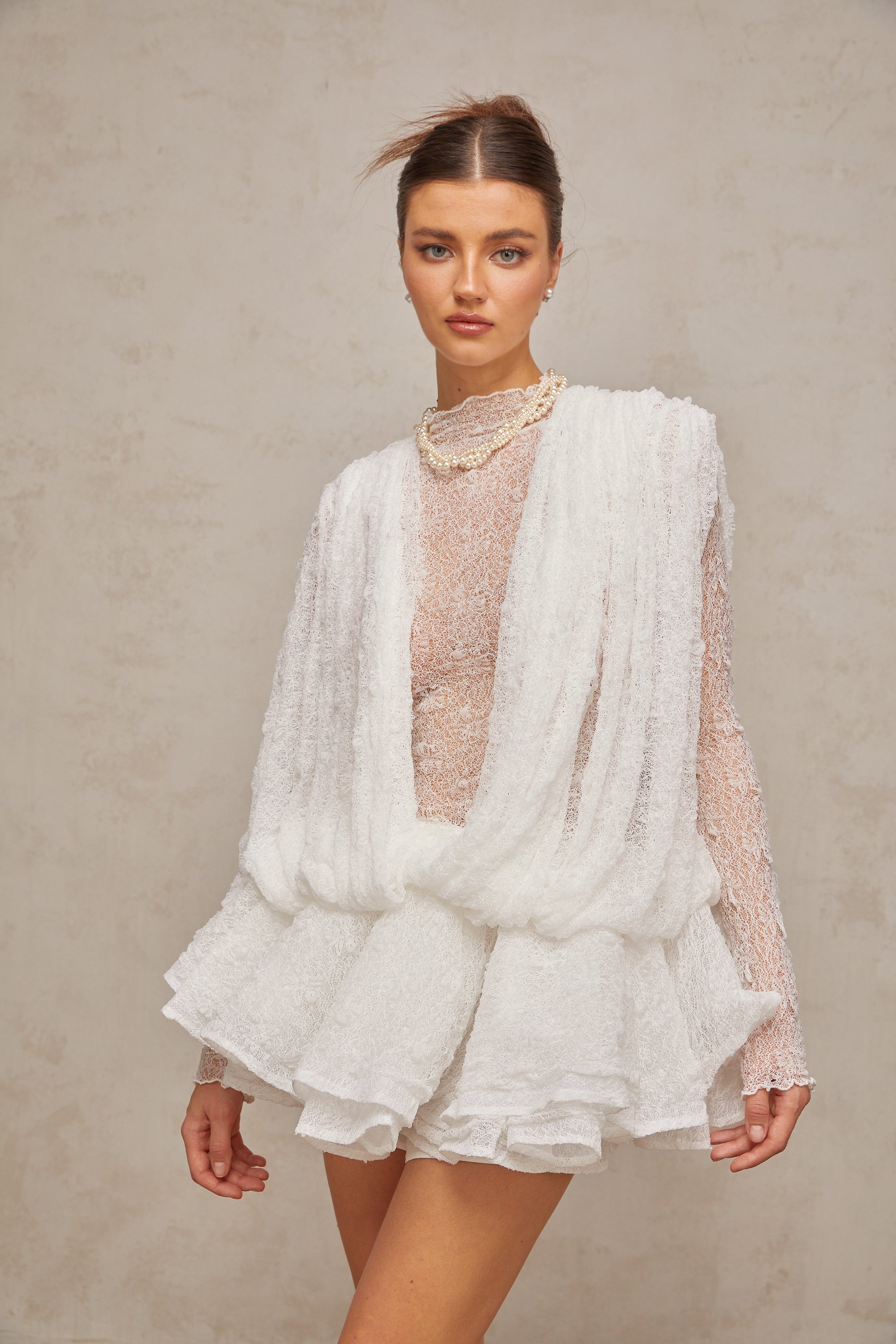 Isoline white semi-sheer lace top & shorts & dress matching set