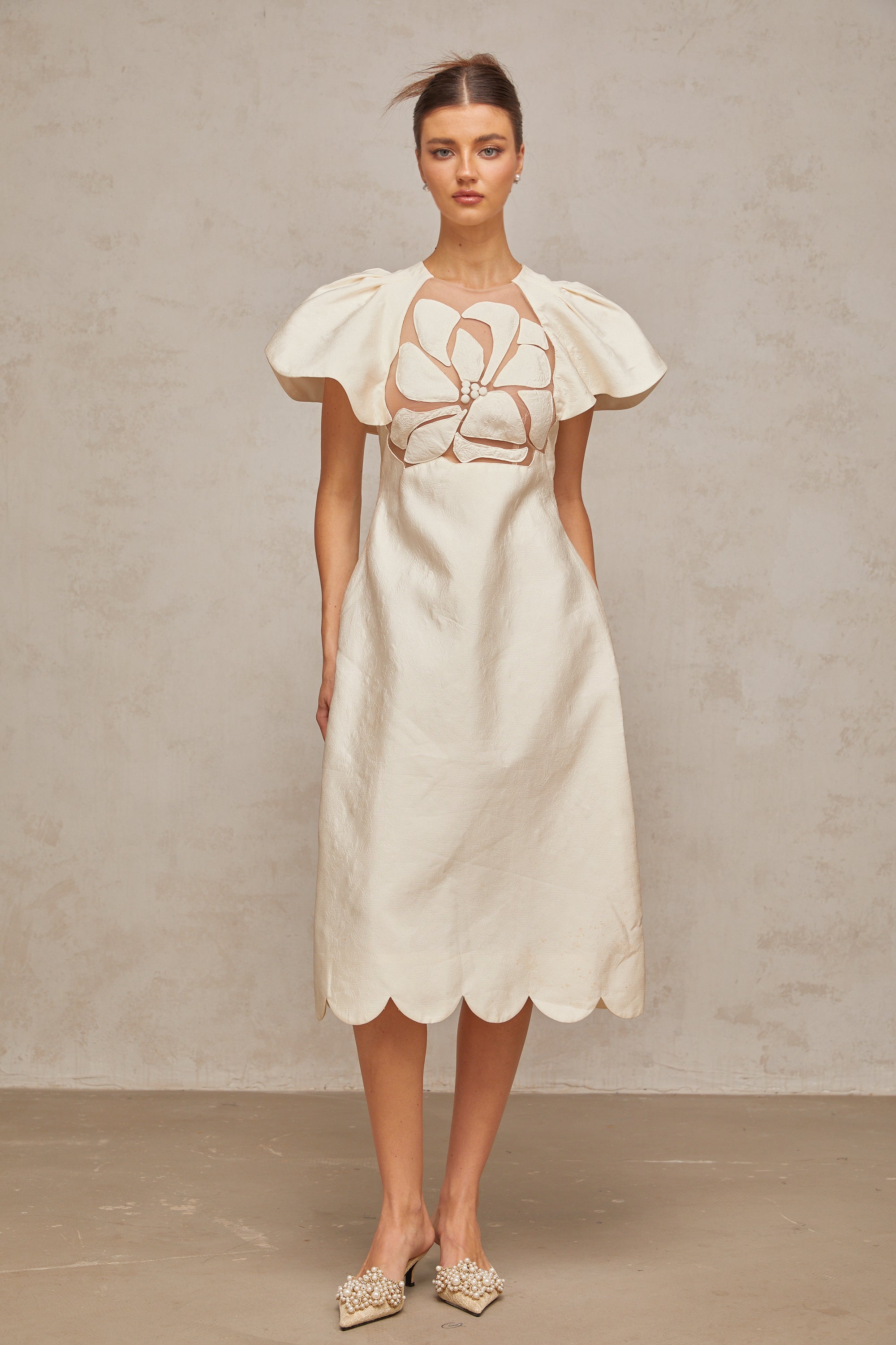 Ségolène white flower jacquard midi dress