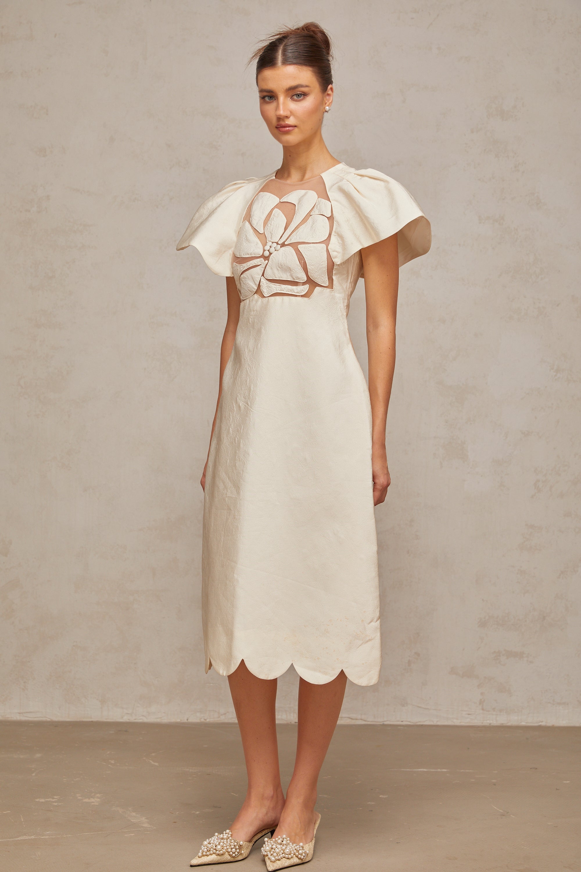 Ségolène white flower jacquard midi dress