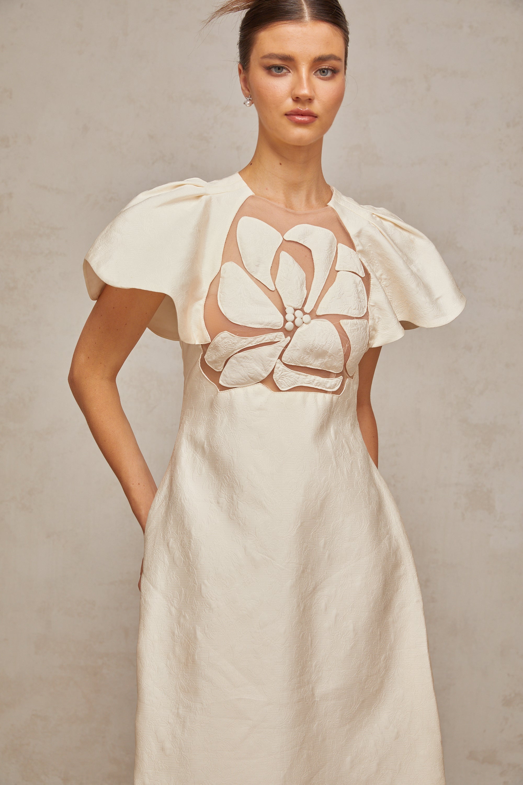 Ségolène white flower jacquard midi dress