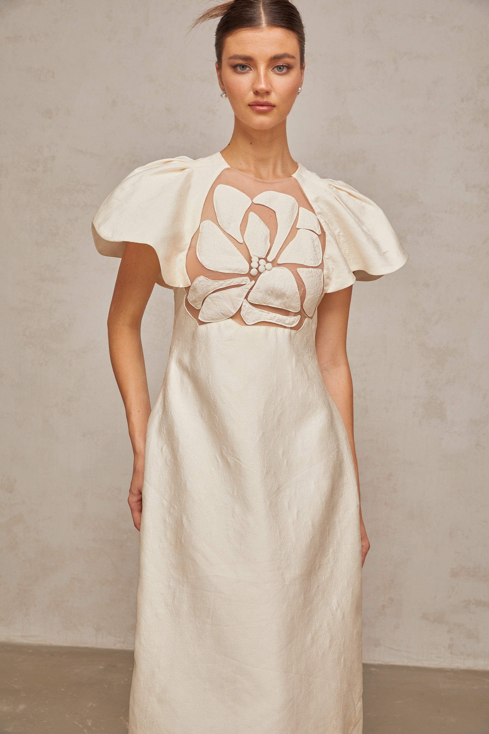 Ségolène white flower jacquard midi dress