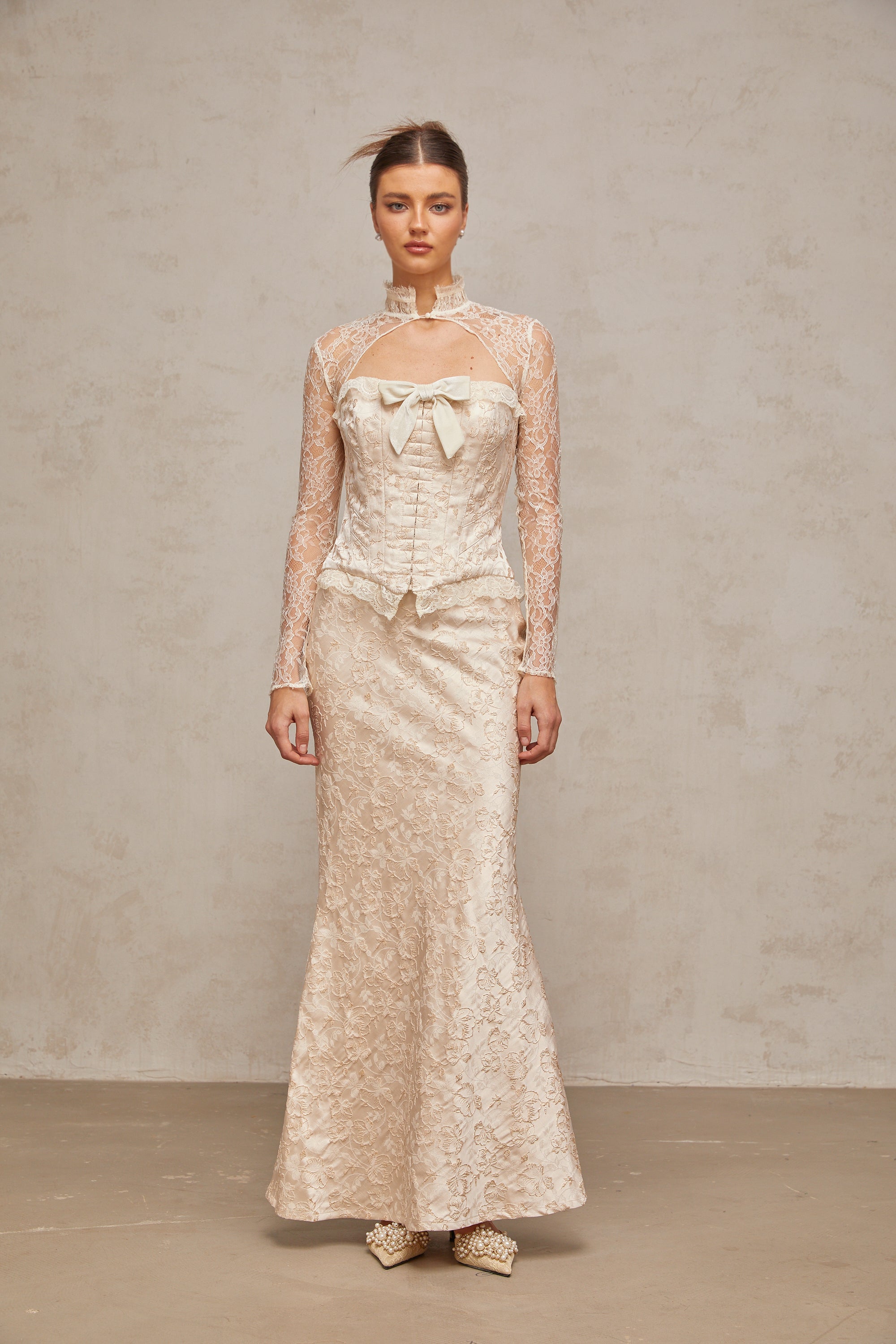 Zoéline ivory patterned-jacquard top & skirt matching set