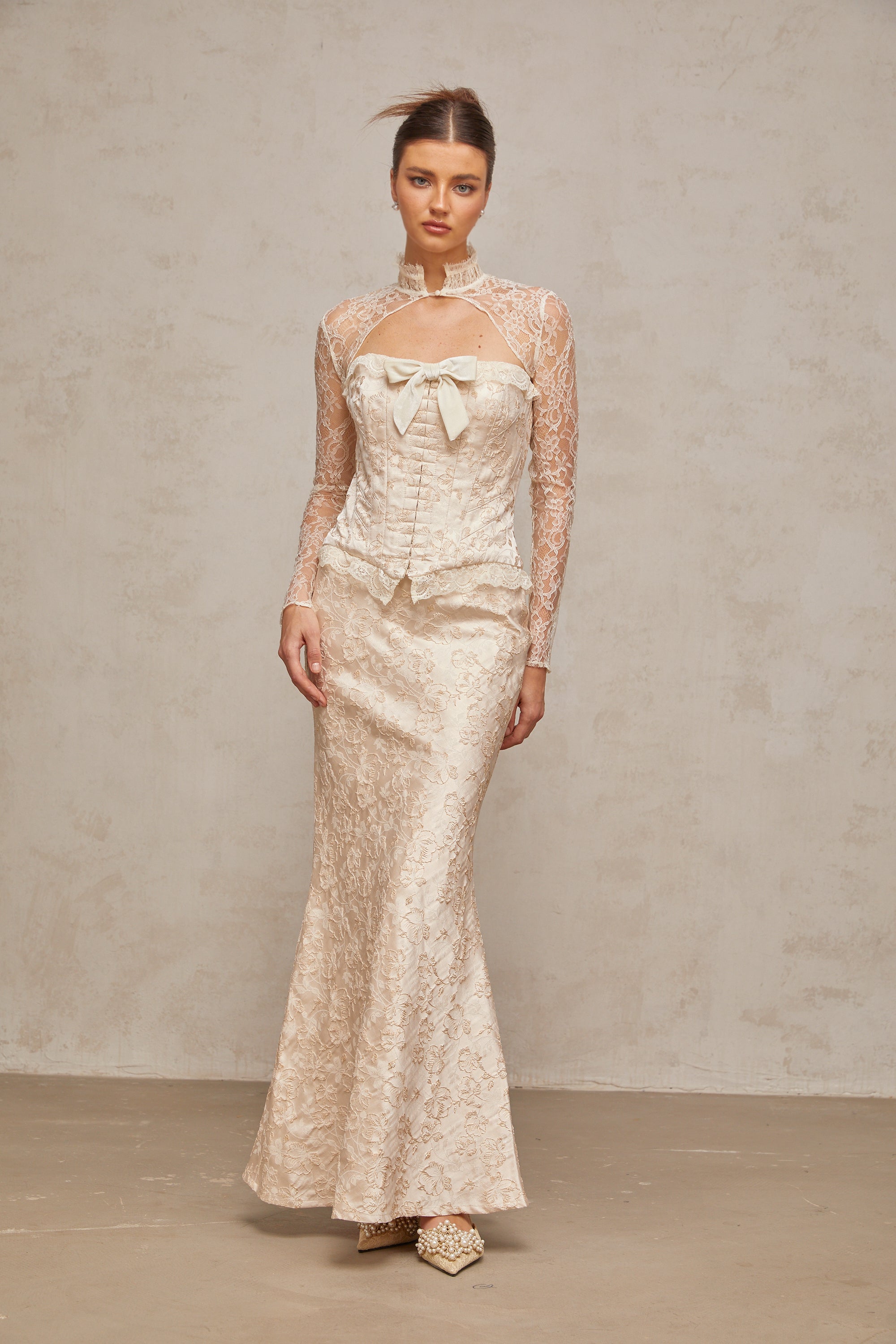 Zoéline ivory patterned-jacquard top & skirt matching set