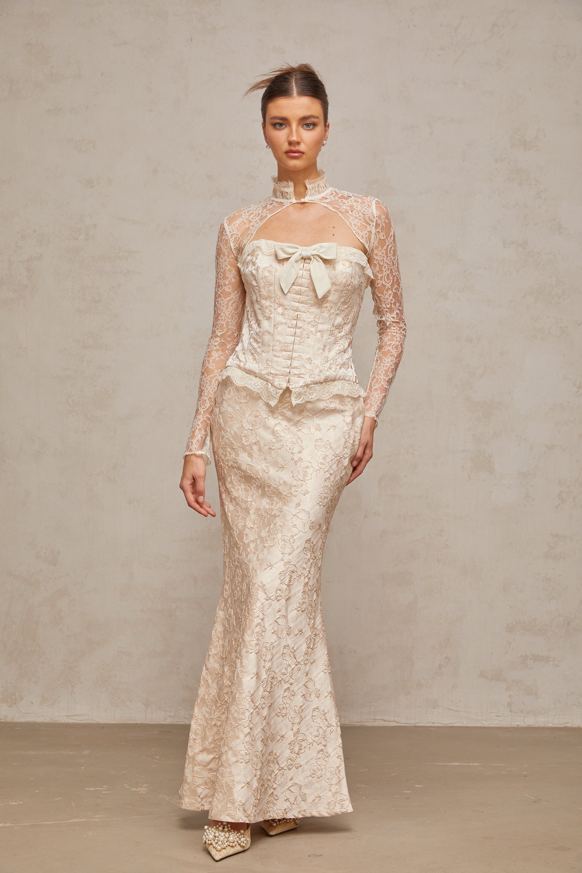 Zoéline ivory patterned-jacquard top & skirt matching set