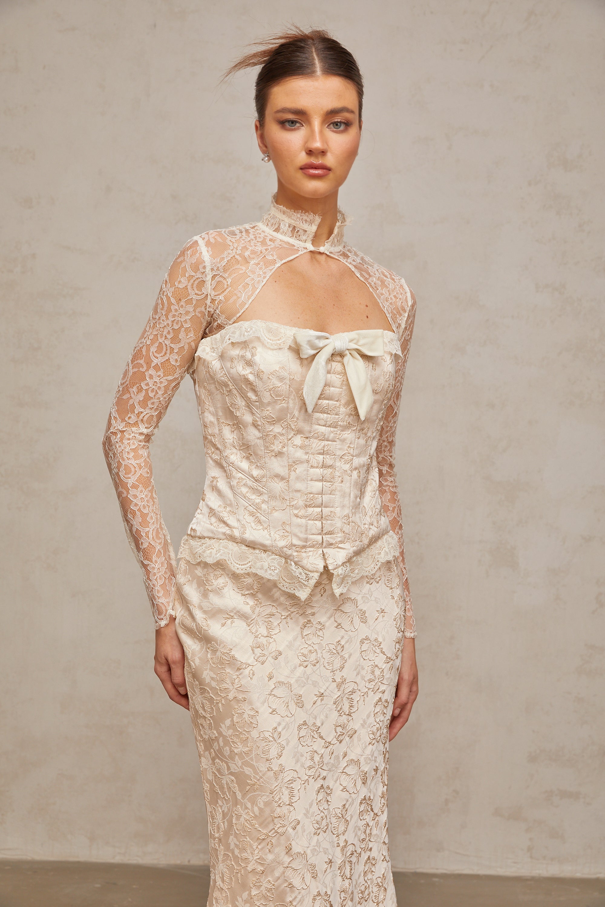 Zoéline ivory patterned-jacquard top & skirt matching set