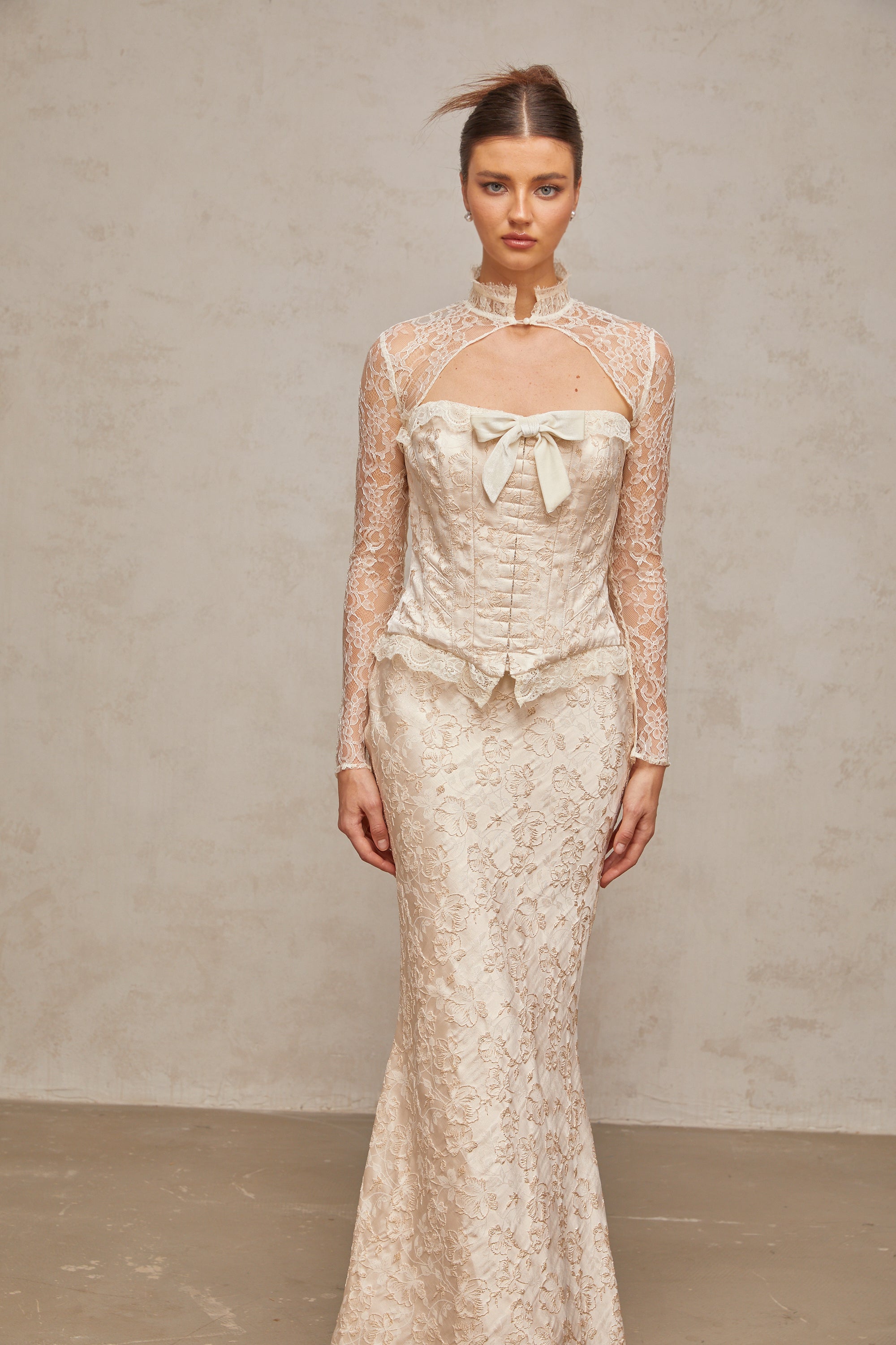 Zoéline ivory patterned-jacquard top & skirt matching set