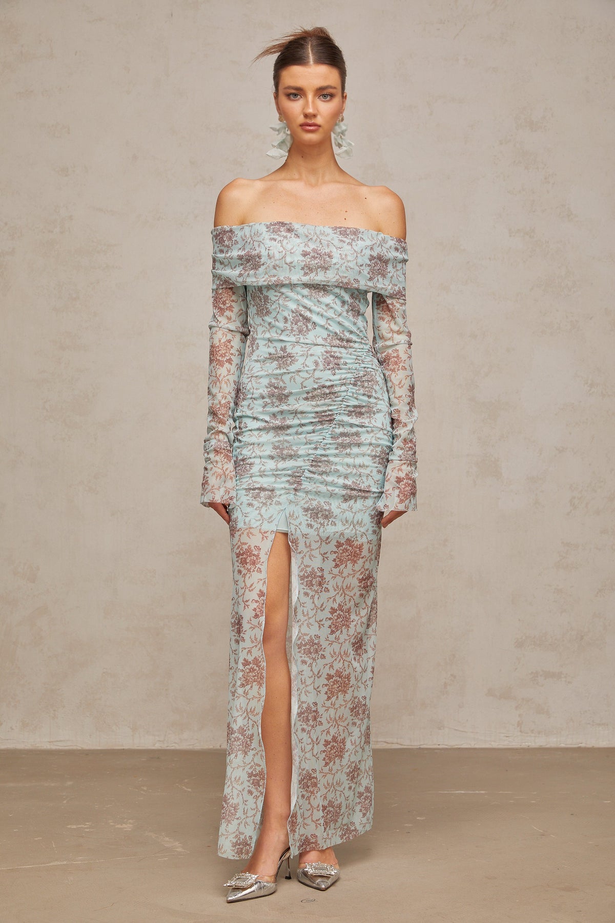 Honorine blue floral-print ruched maxi dress