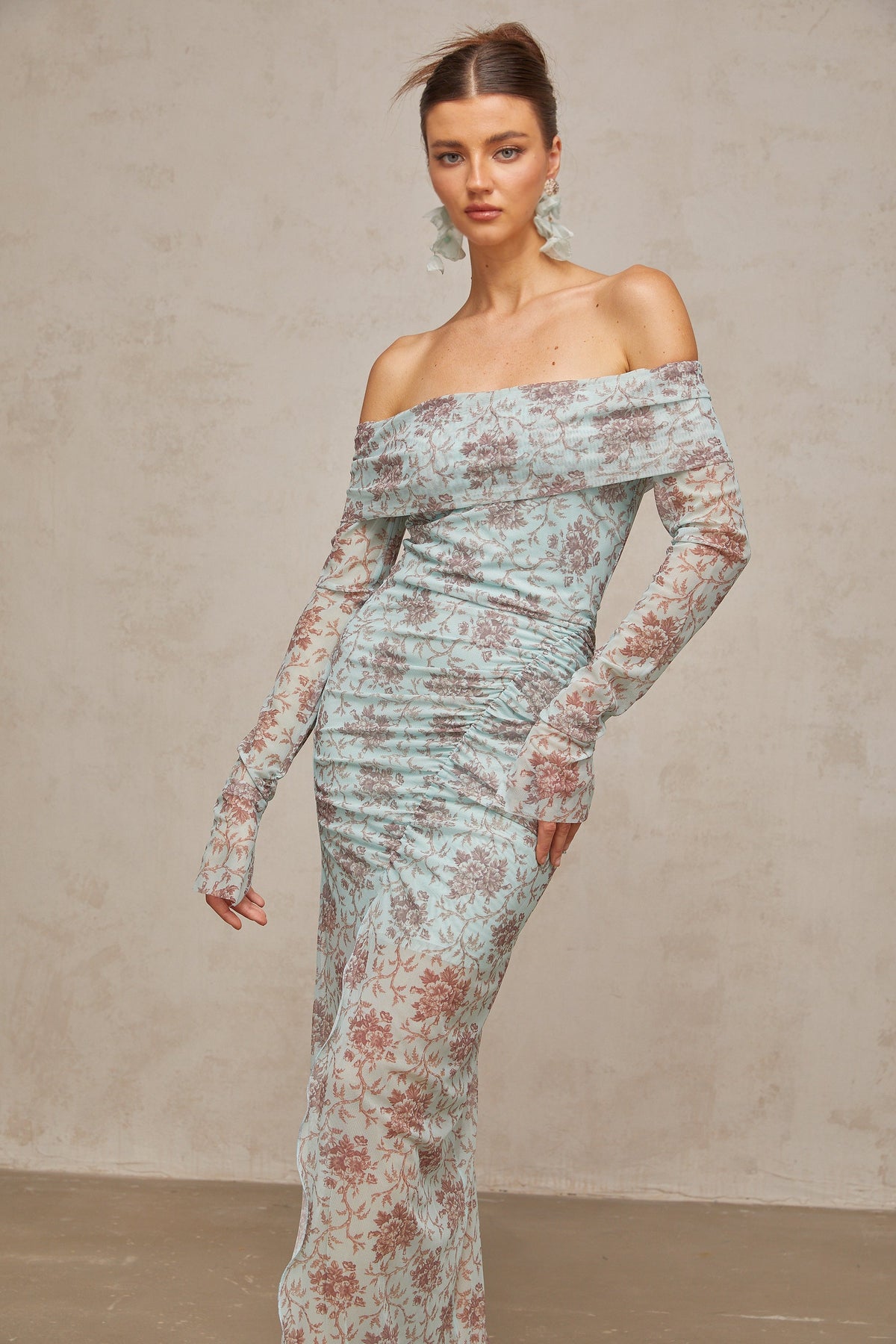 Honorine blue floral-print ruched maxi dress