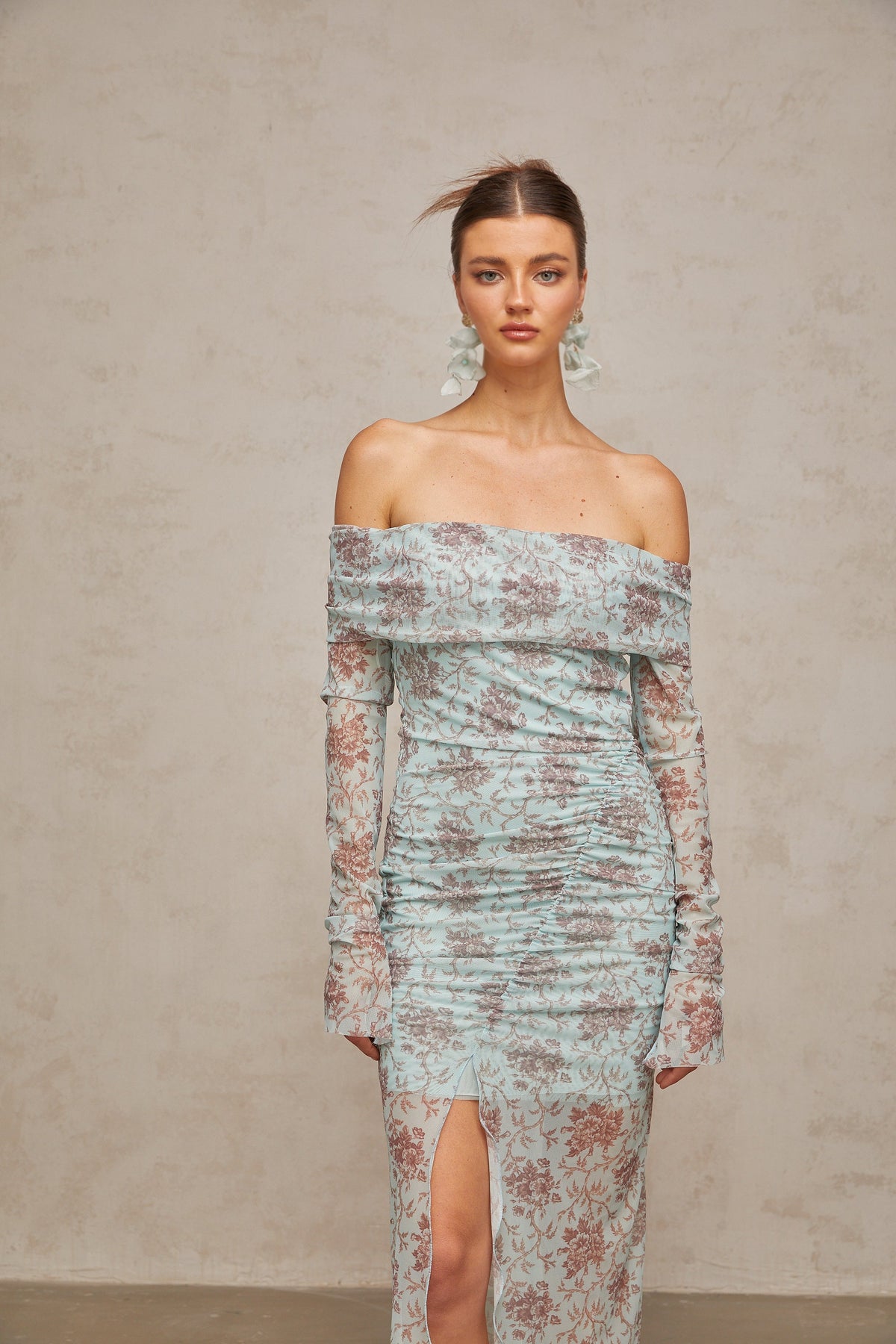 Honorine blue floral-print ruched maxi dress